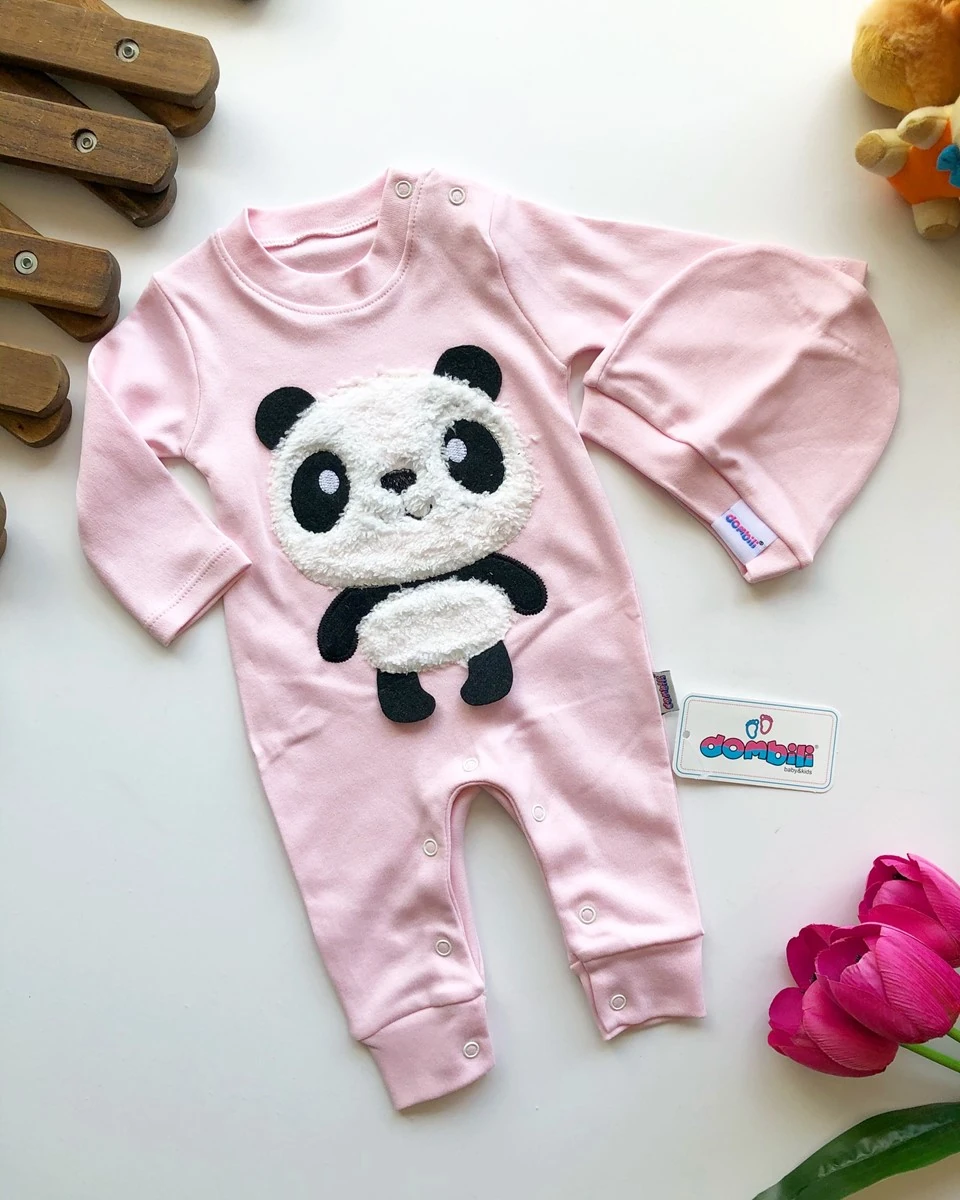 bebek tulum panda nakışlı şapkalı 2'li pembe 