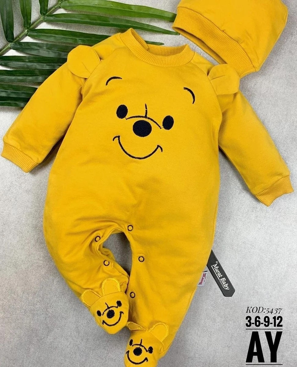 bebek tulum winnie the pooh patikli şapka sarı 