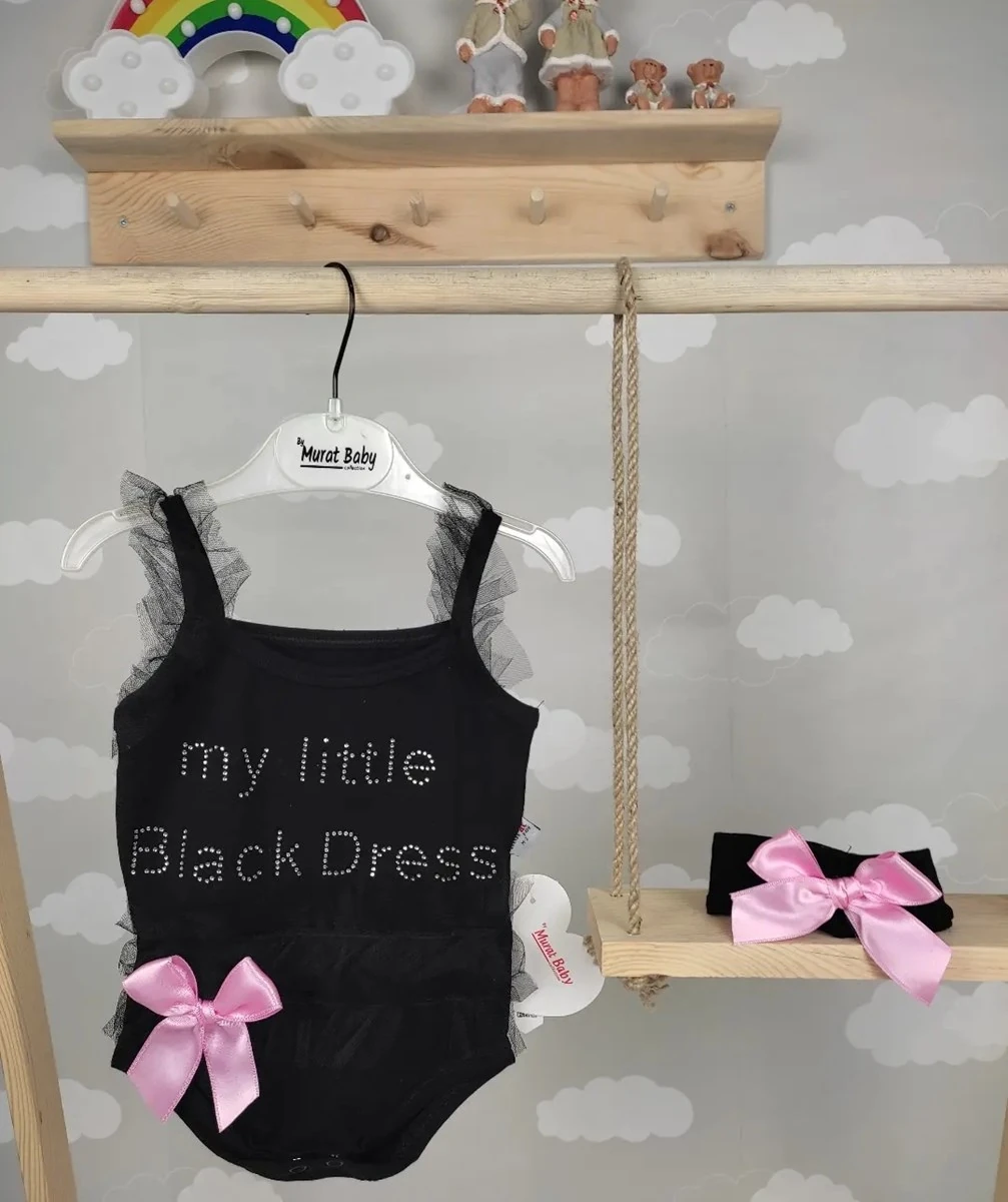 kız bebek çıtçıtlı askılı black dress yazılı saç bandı hediyeli 