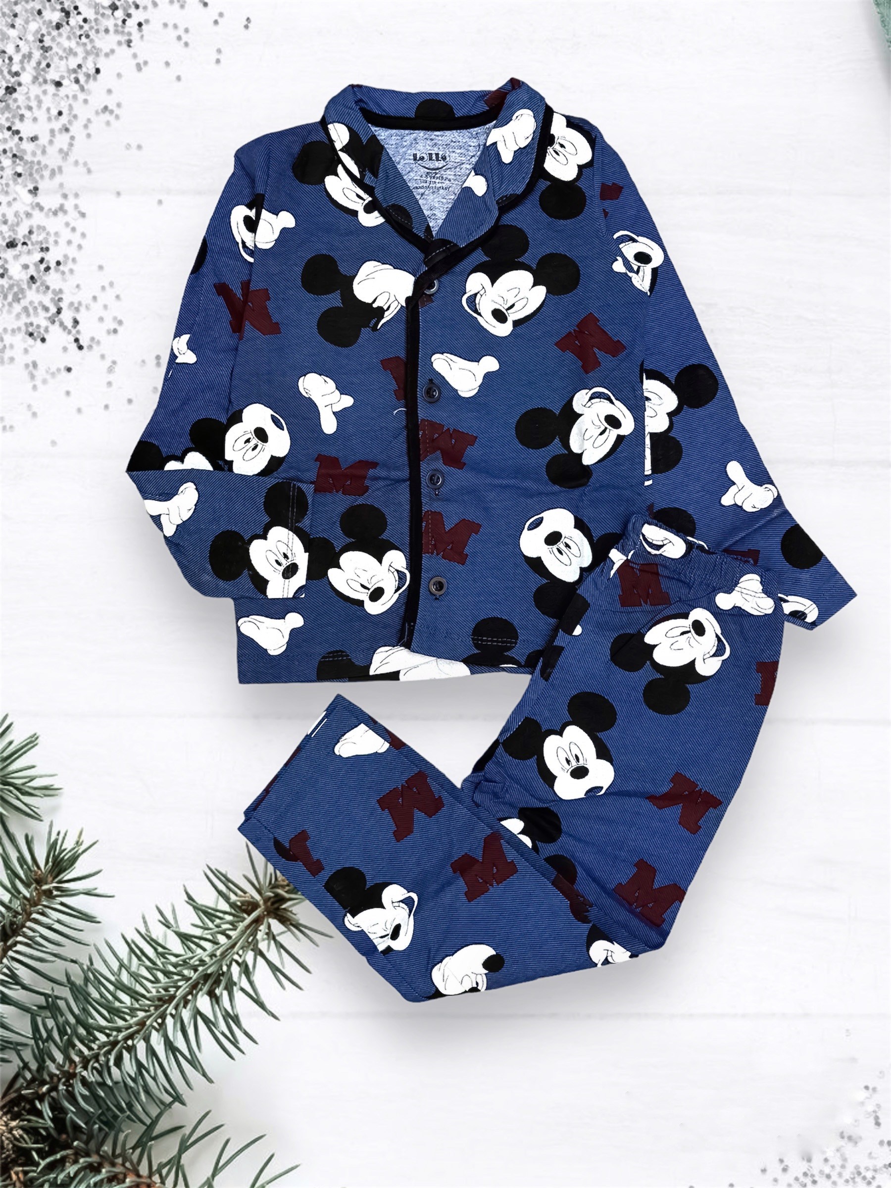 Çocuk Pijama Takımı Mickey Detay Yakalı Lacivert 4-7 Yal Arası 