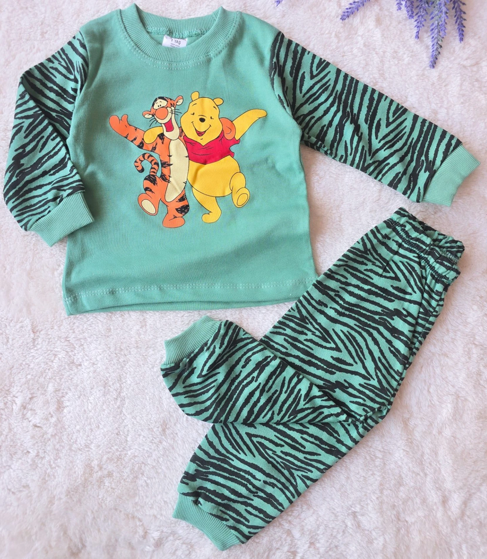 Bebek Takım Winnie Ve Tiger Baskılı Pijama 1-3 Yaş Yeşil