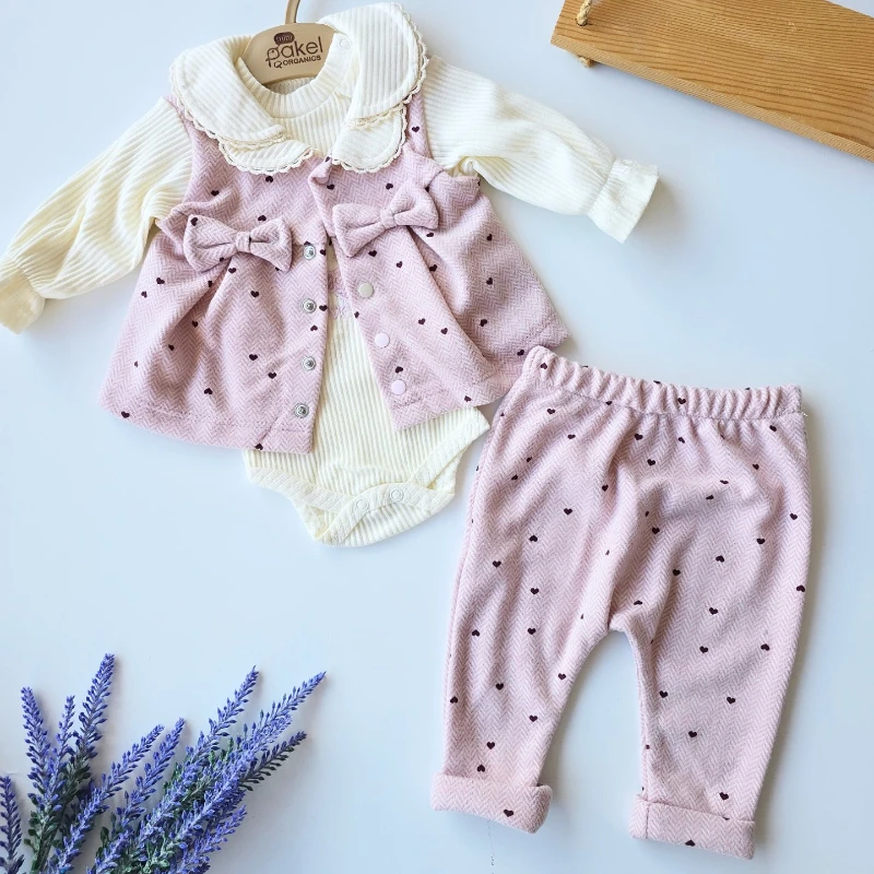 Bebek takım bebe yaka kalp baskılı hırkalı 3lü pembe