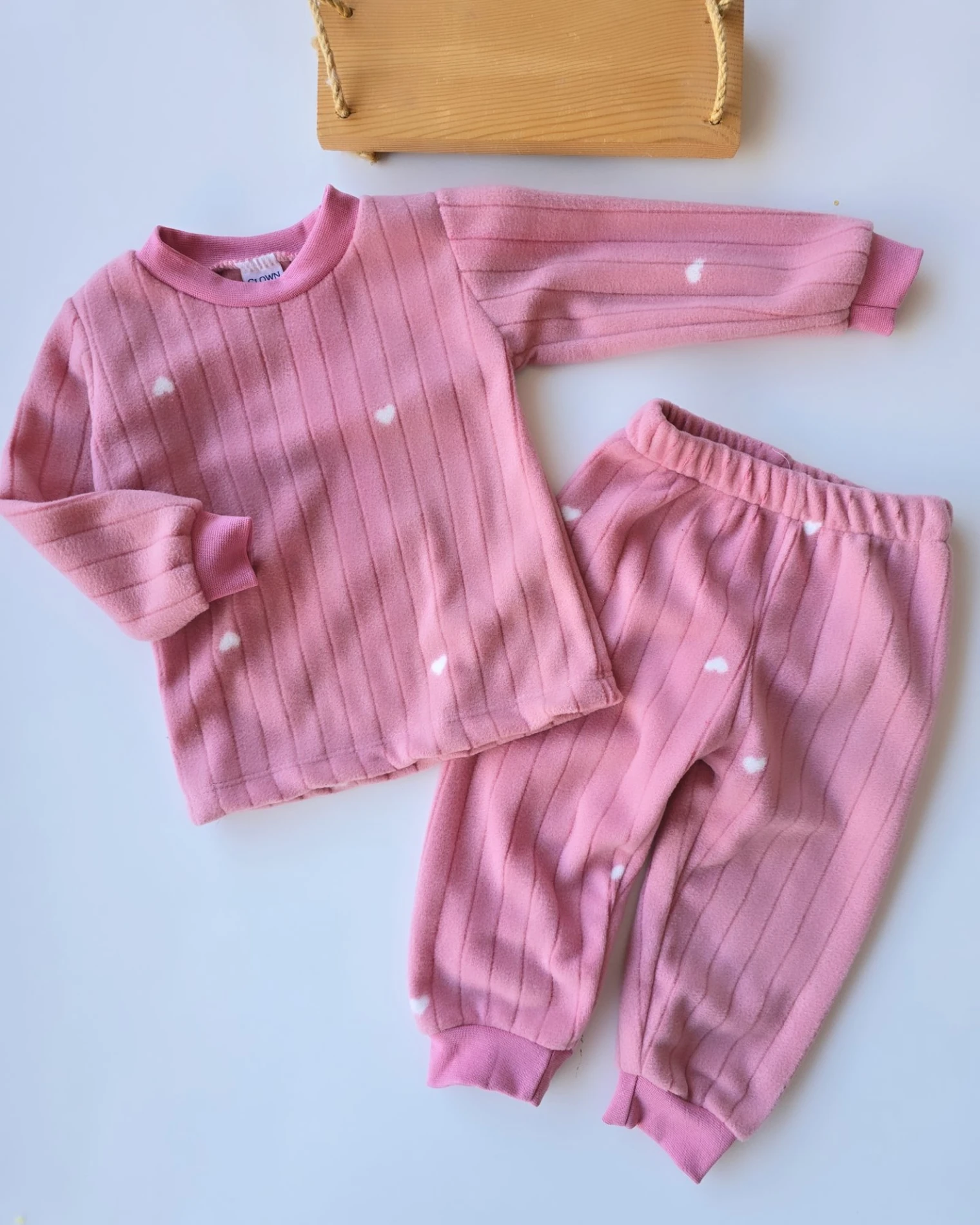 Bebek Takım Polar Kumaş Pijama Kalp Desenli Pembe 1-4 Yaş