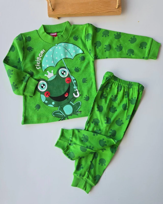 Bebek Takım Pijama Şemsiyeli Kurbağa Baskılı 1-2-3 Yaş