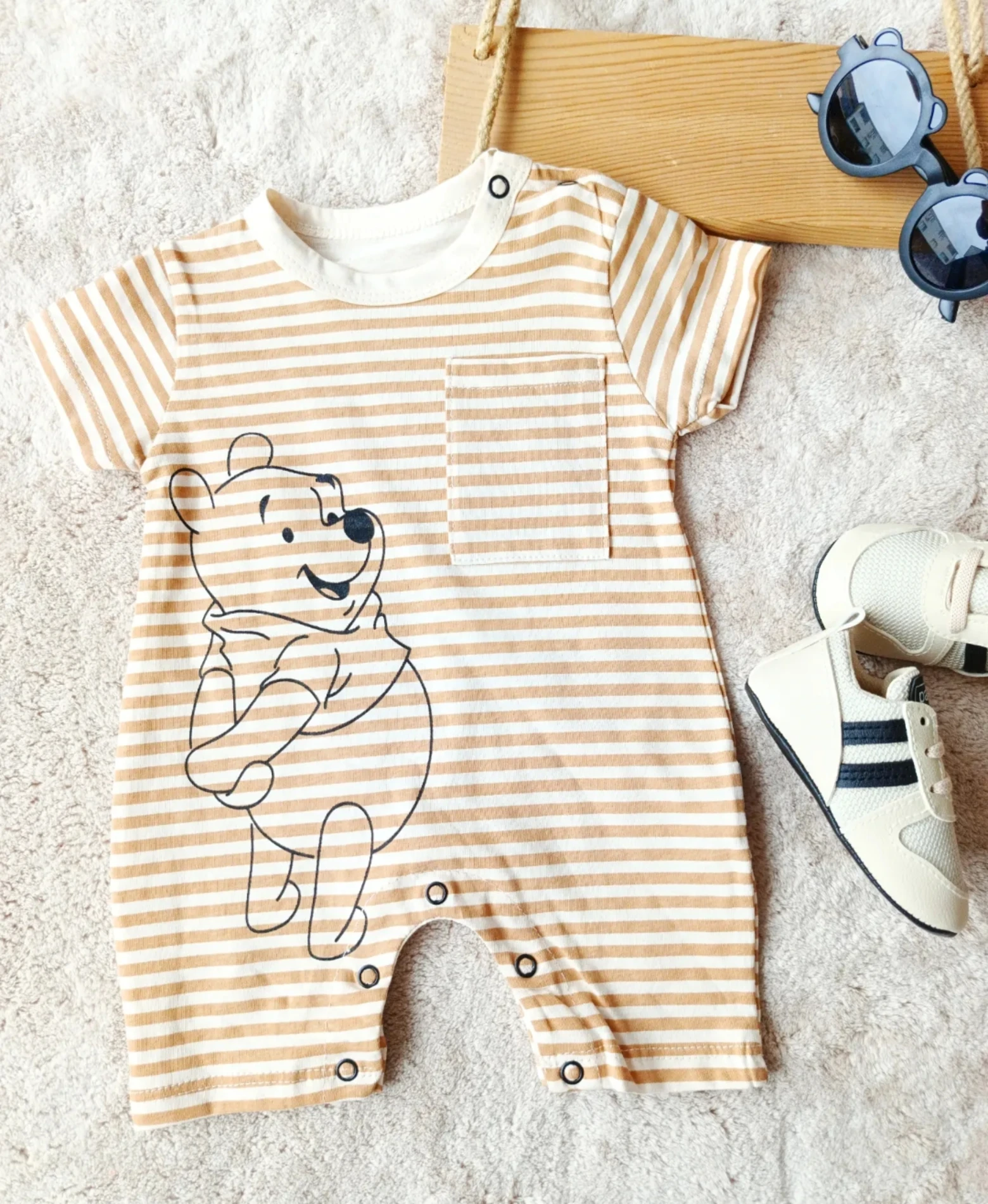 Bebek Tulum Pooh Baskılı Çizgili Bej 