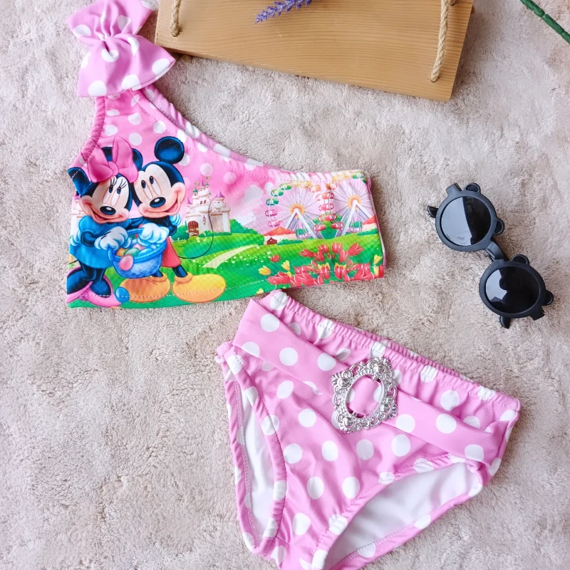 Çocuk Bikini Minie Baskılı Puantiyeli Tek Omuzlu 2-11 Yaş
