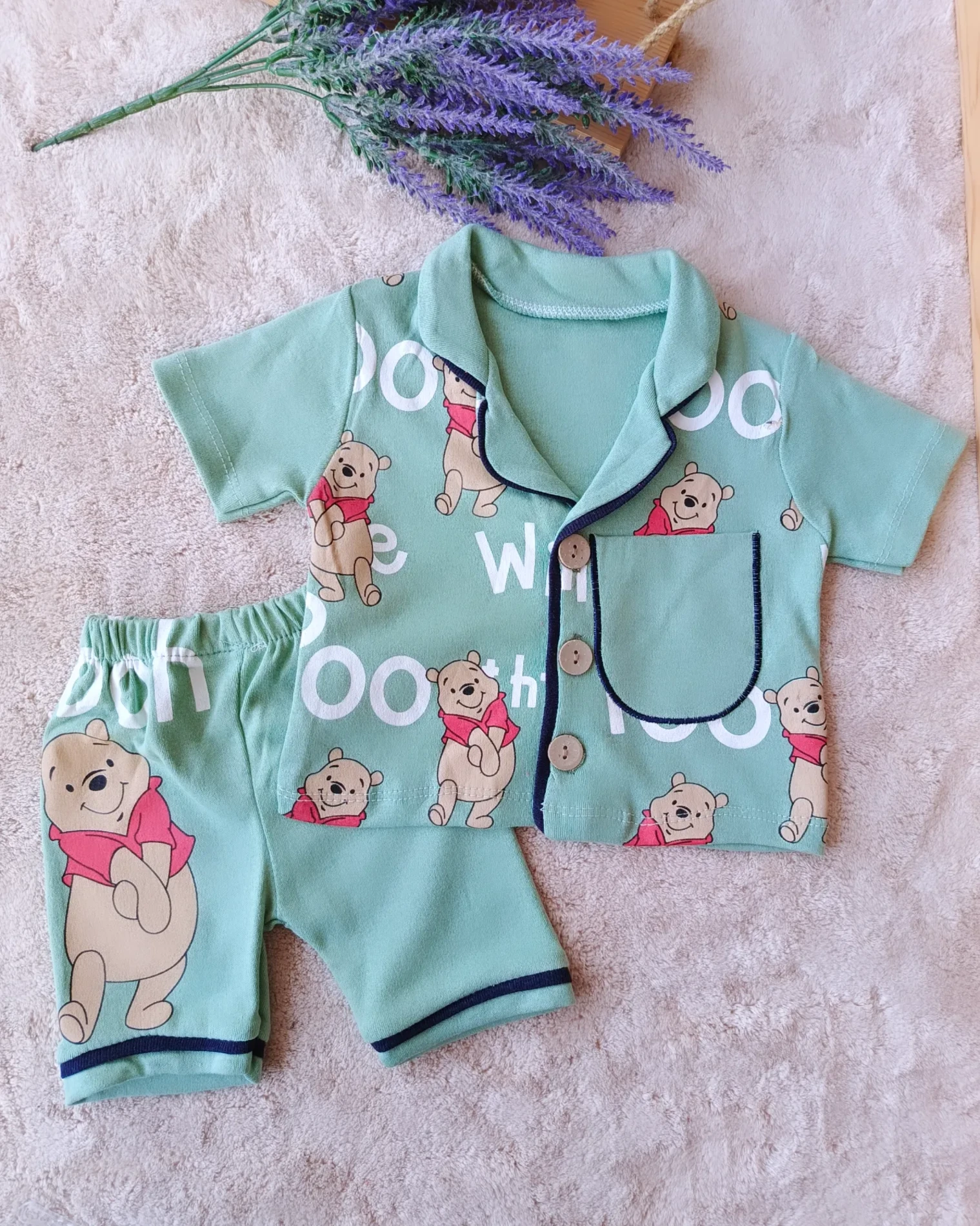Bebek Takım Pooh Baskılı Yakalı Pijama Yeşil 6-18 Ay