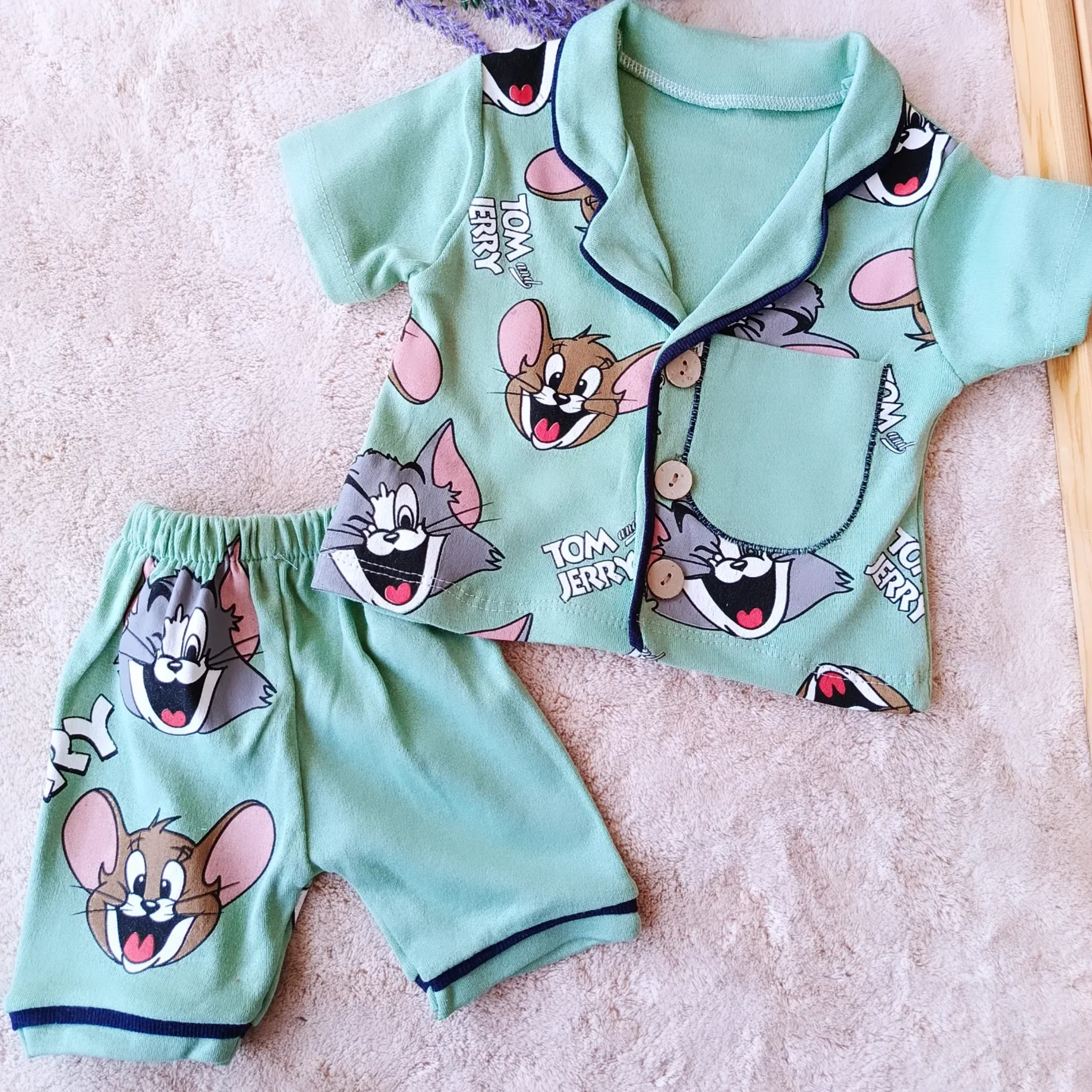 Bebek Takım Tom Baskılı Yakalı Pijama Yeşil 6-18 Ay