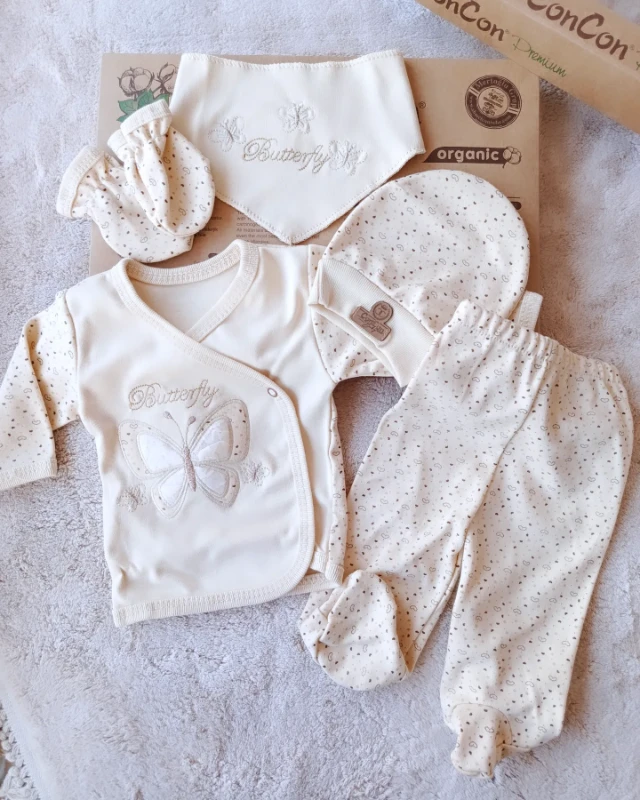 Bebek Hastane Çıkışı Organik Kumaş Kelebek nakışlı 5 parça