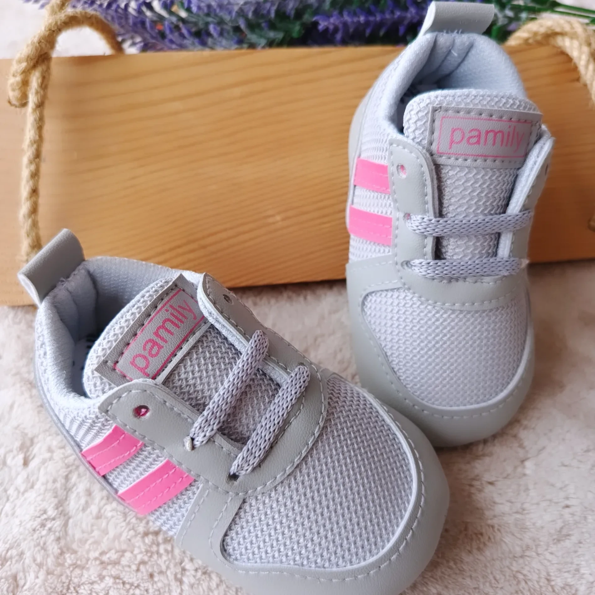 Bebek Ayakkabı Gri Çift Pembe Çizgili 18-19 numara
