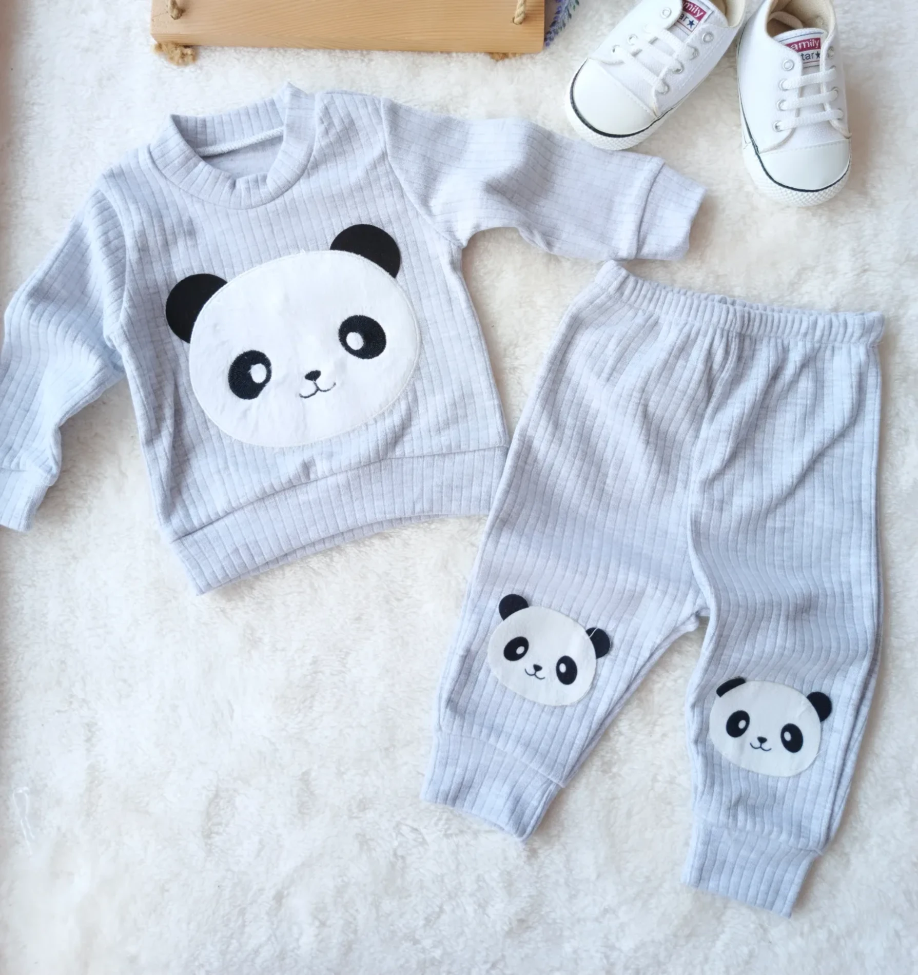 Bebek Takım Panda Nakışlı Fitilli Kumaş 6-18 Ay