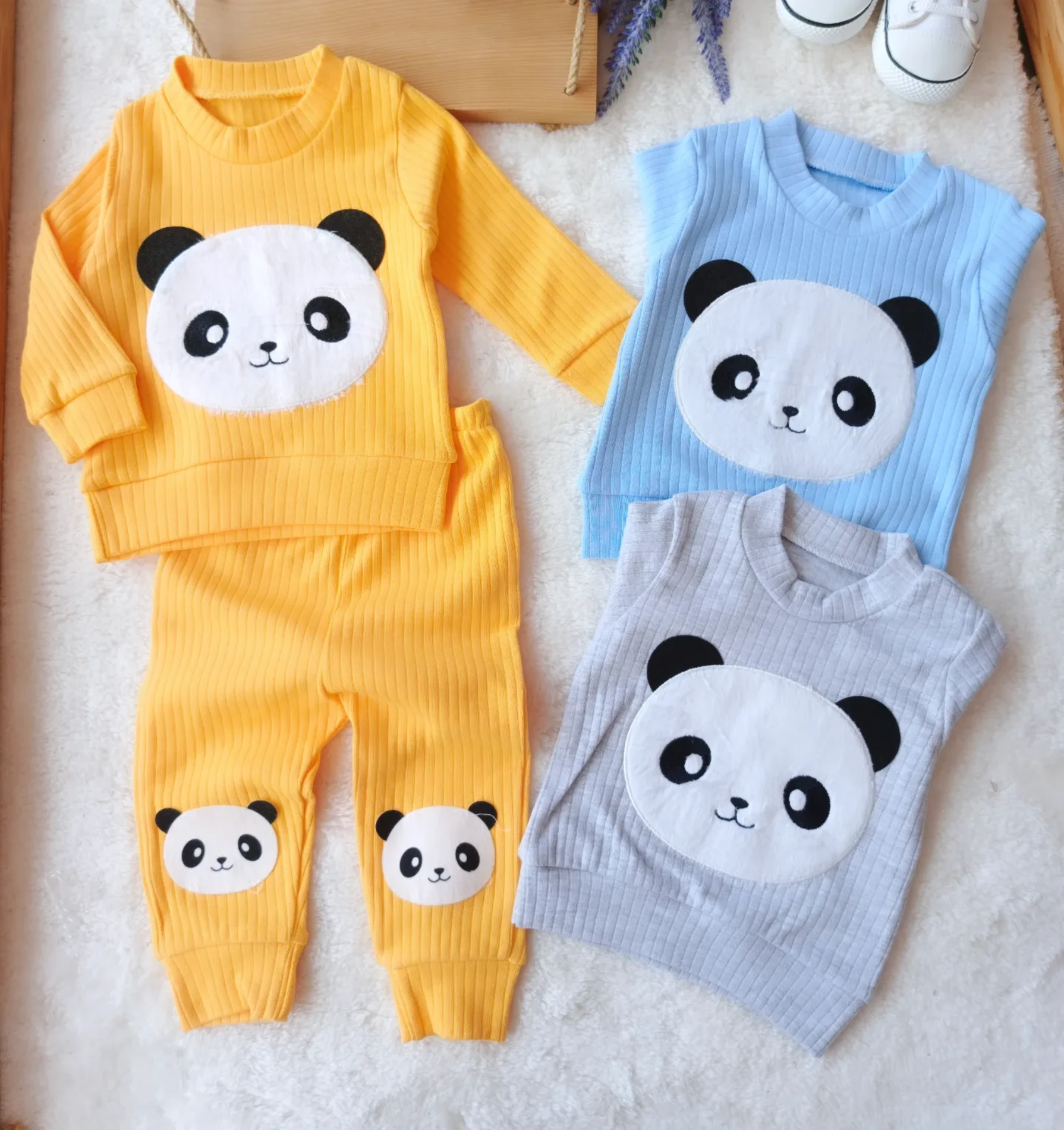 Bebek Takım Panda Nakışlı Fitilli Kumaş 6-18 Ay