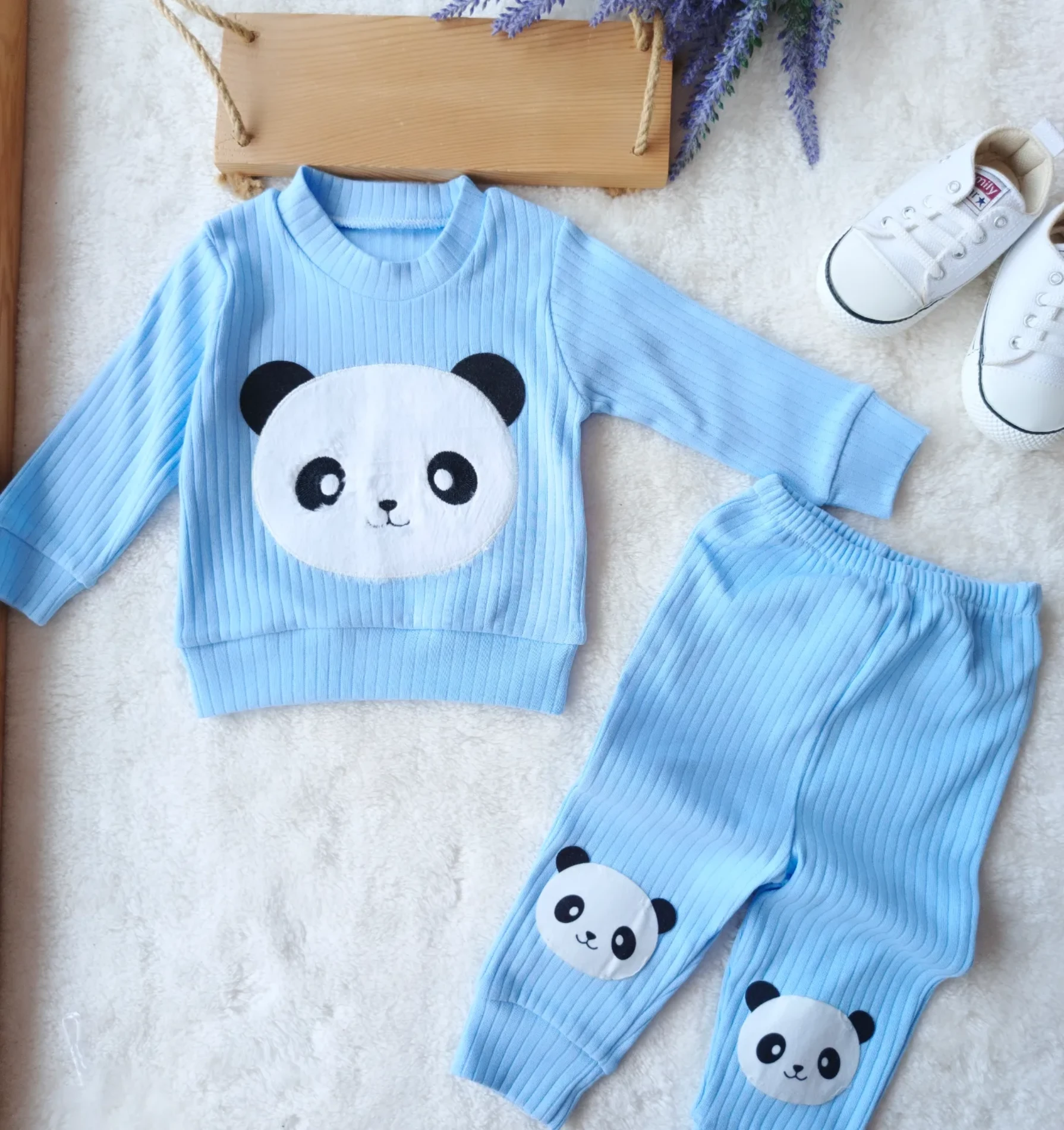 Bebek Takım Panda Nakışlı Fitilli Kumaş 6-18 Ay