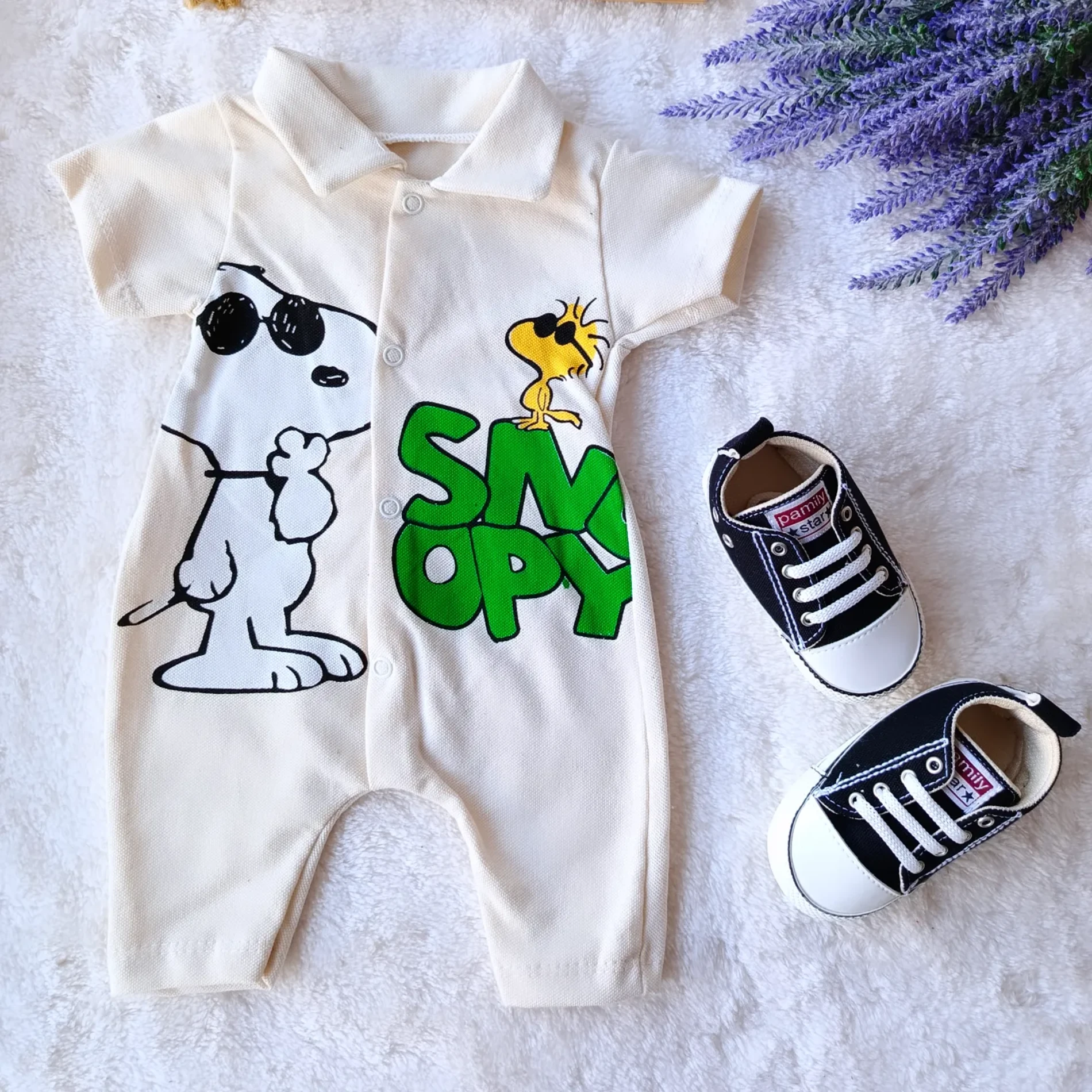 Bebek Tulum Yazlık Yakalı Snoopy Baskılı 0-12 Ay