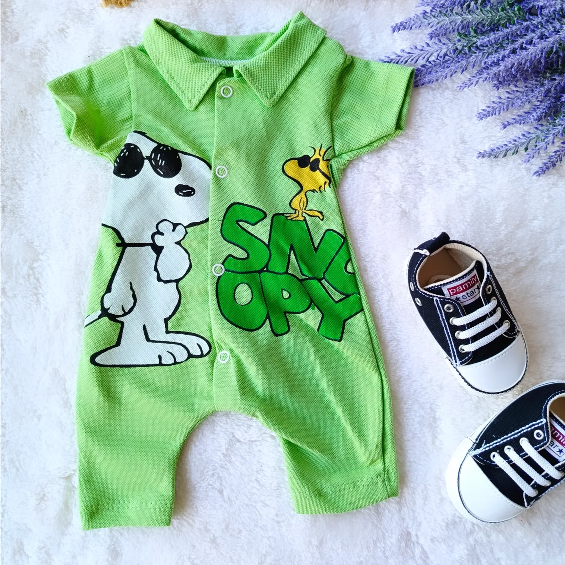 Bebek Tulum Yazlık Yakalı Snoopy Baskılı 0-12 Ay