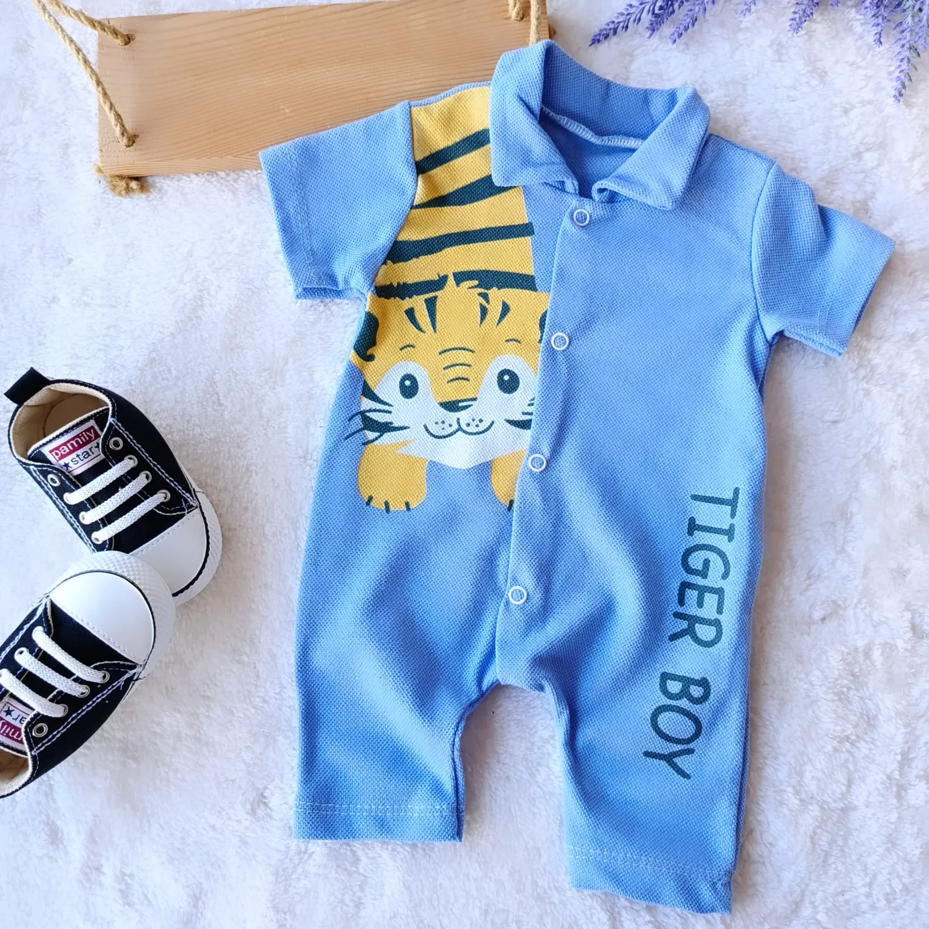 Bebek Tulum Yazlık Yakalı Tiger Baskılı 0-12 Ay Mavi 