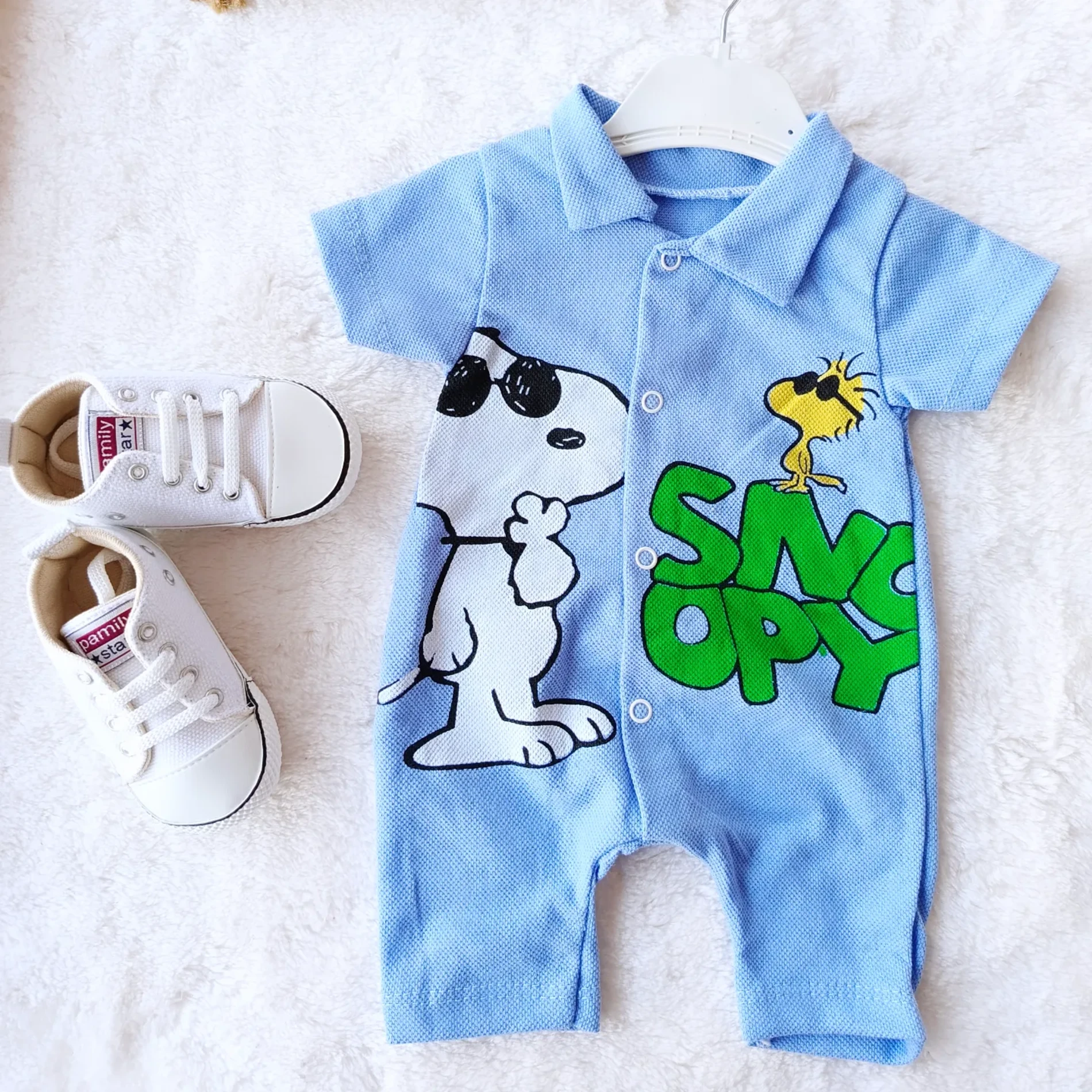 Bebek Tulum Yazlık Yakalı Snoopy Baskılı 0-12 Ay