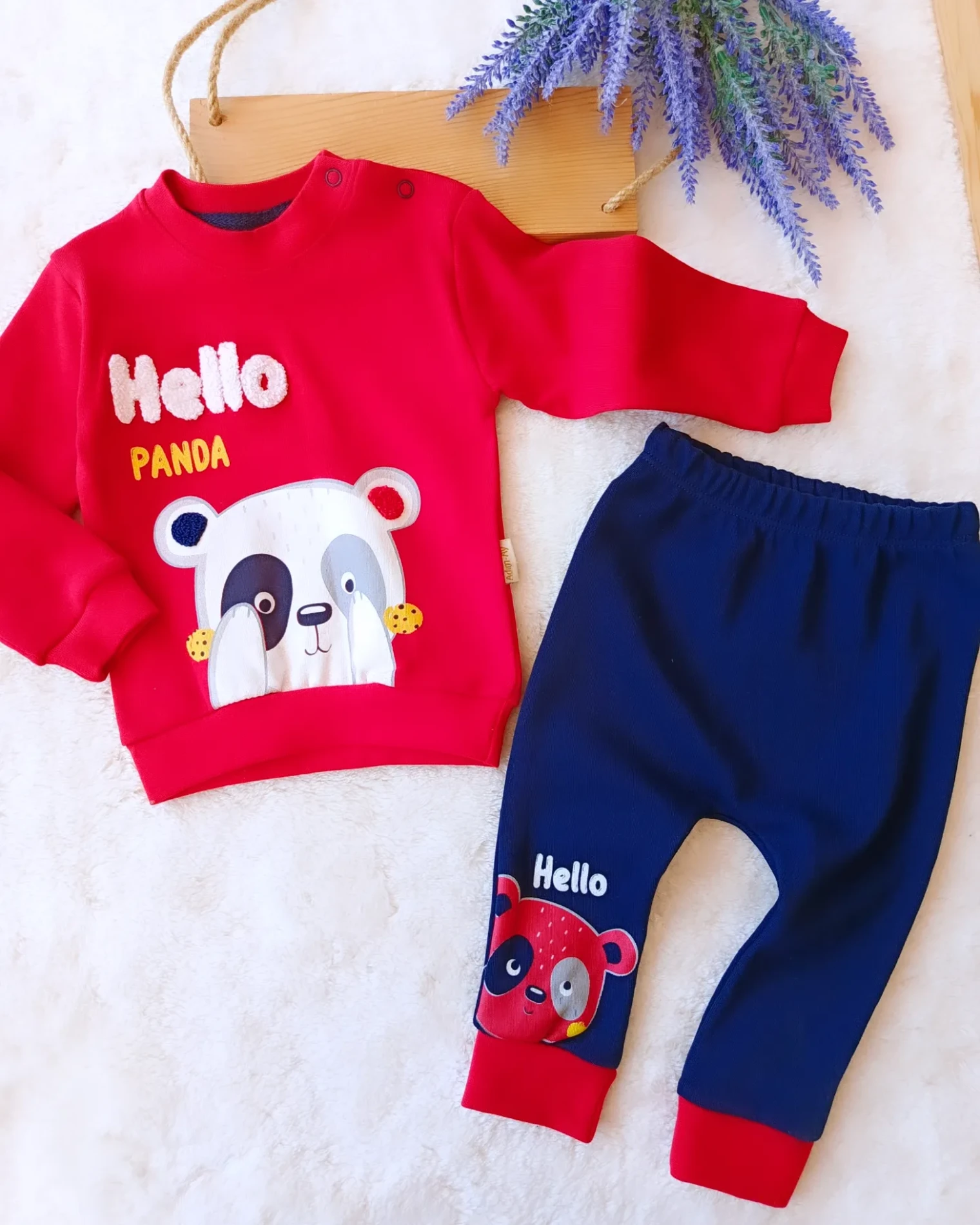 Bebek Takım Hello Panda Baskılı 12 Ay Kırmızı 