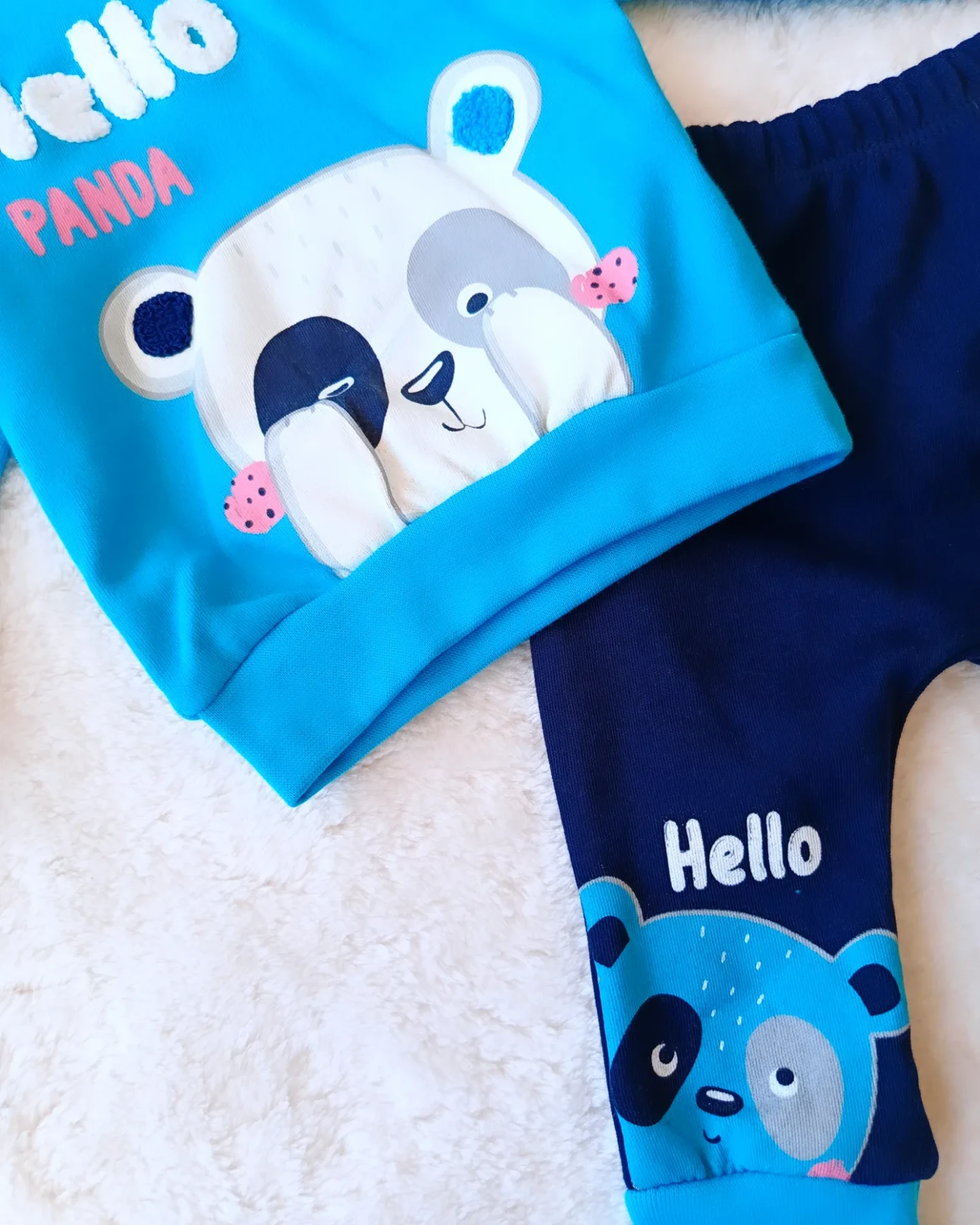 Bebek Takım Hello Panda Baskılı 6-12 Ay Mavi