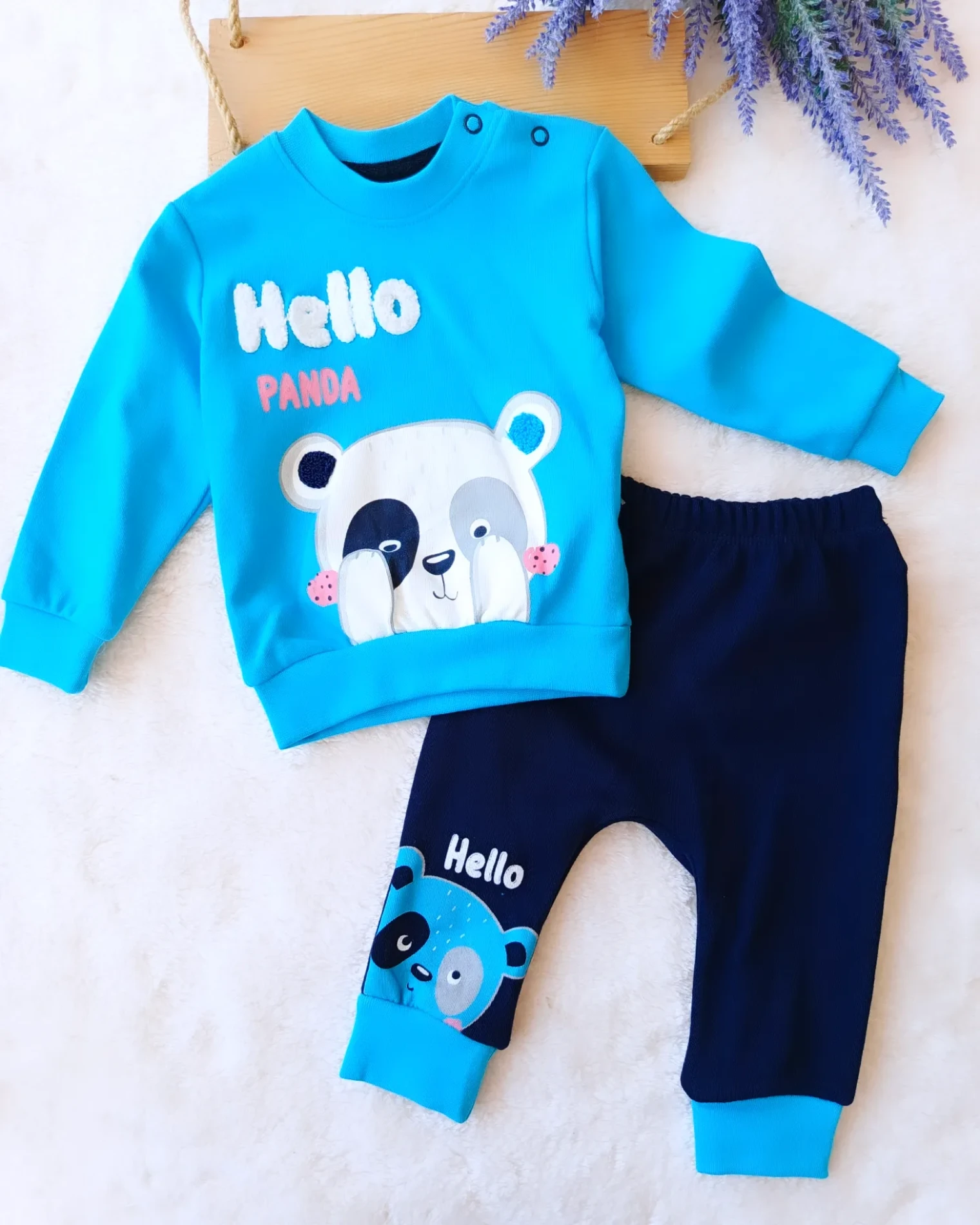 Bebek Takım Hello Panda Baskılı 6-12 Ay Mavi