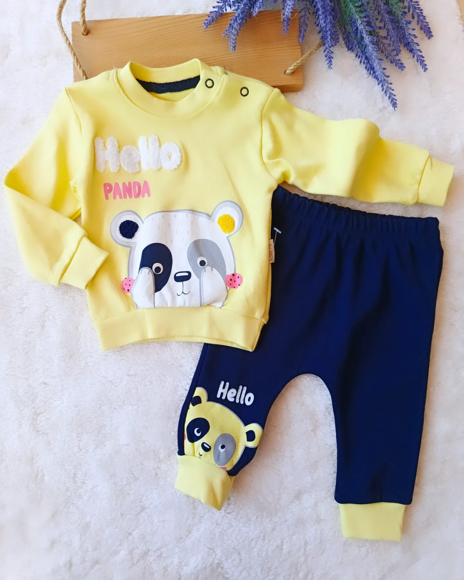 Bebek Takım Hello Panda Baskılı 6-12 Ay Sarı 