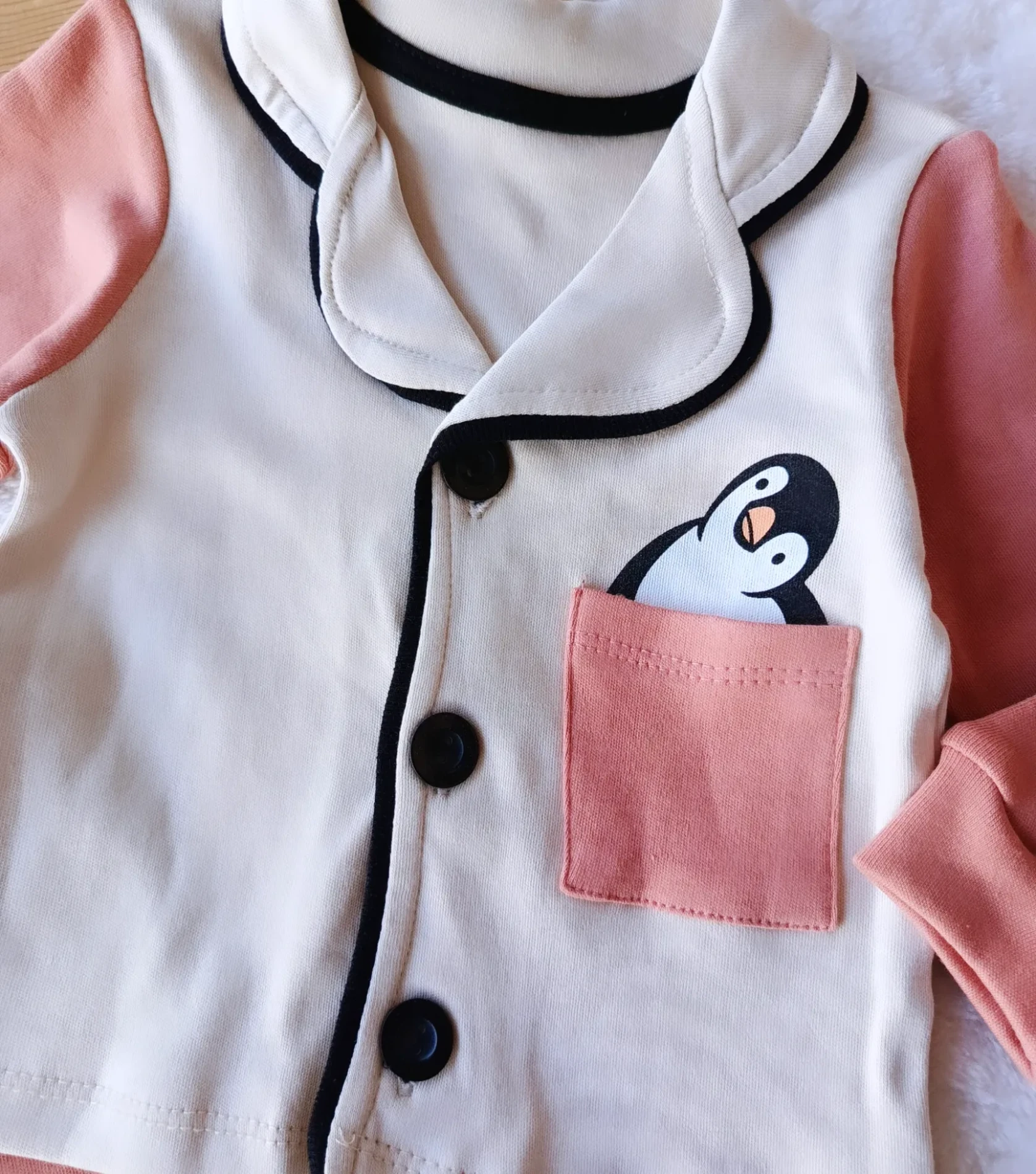 Bebek Takım Pijama Penguen Baskılı Düğmeli Yakalı 6-18 Ay