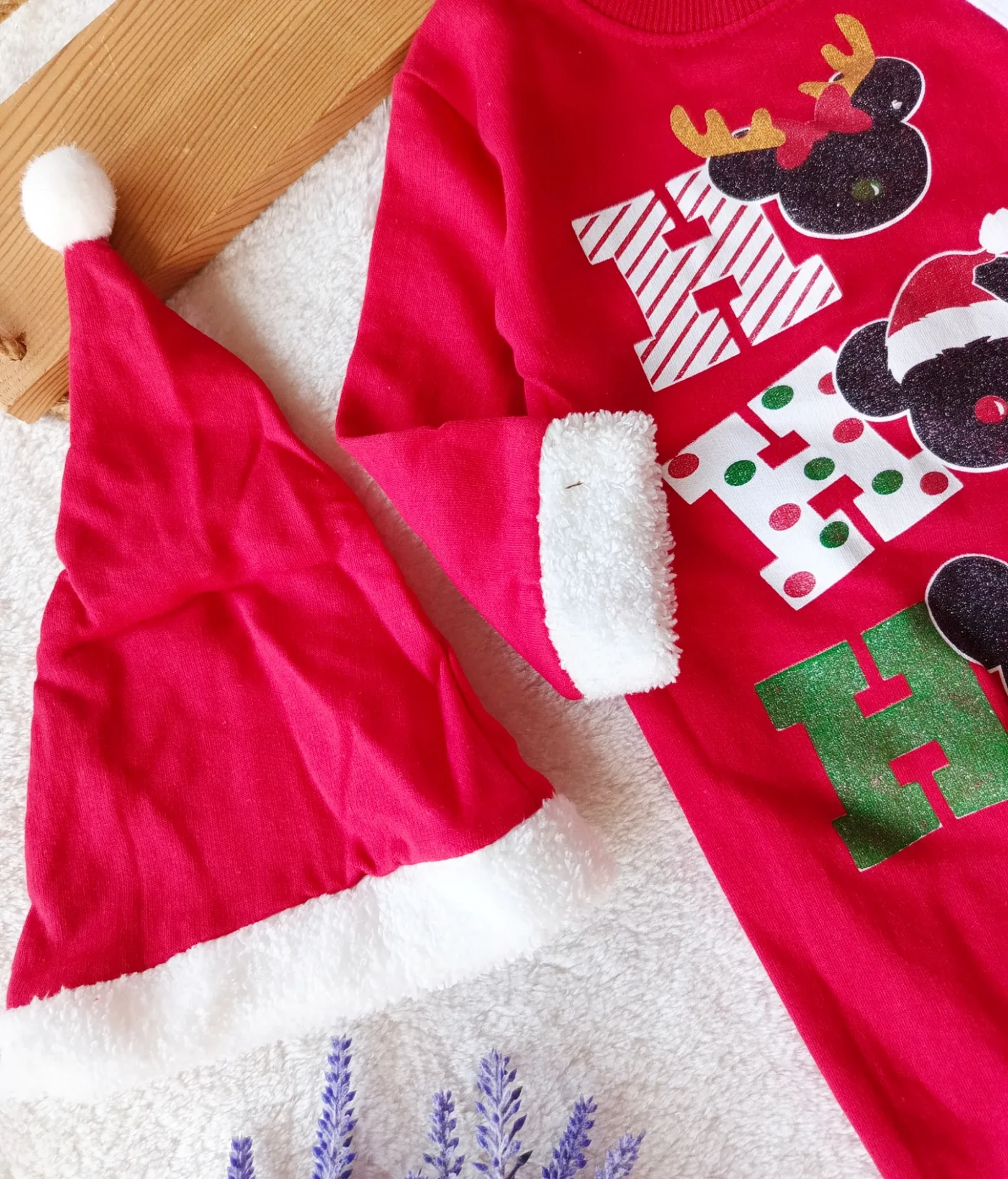 Bebek Tulum Noel Mickey Baskılı Patikli Şapka Hediyeli 6-12 Ay