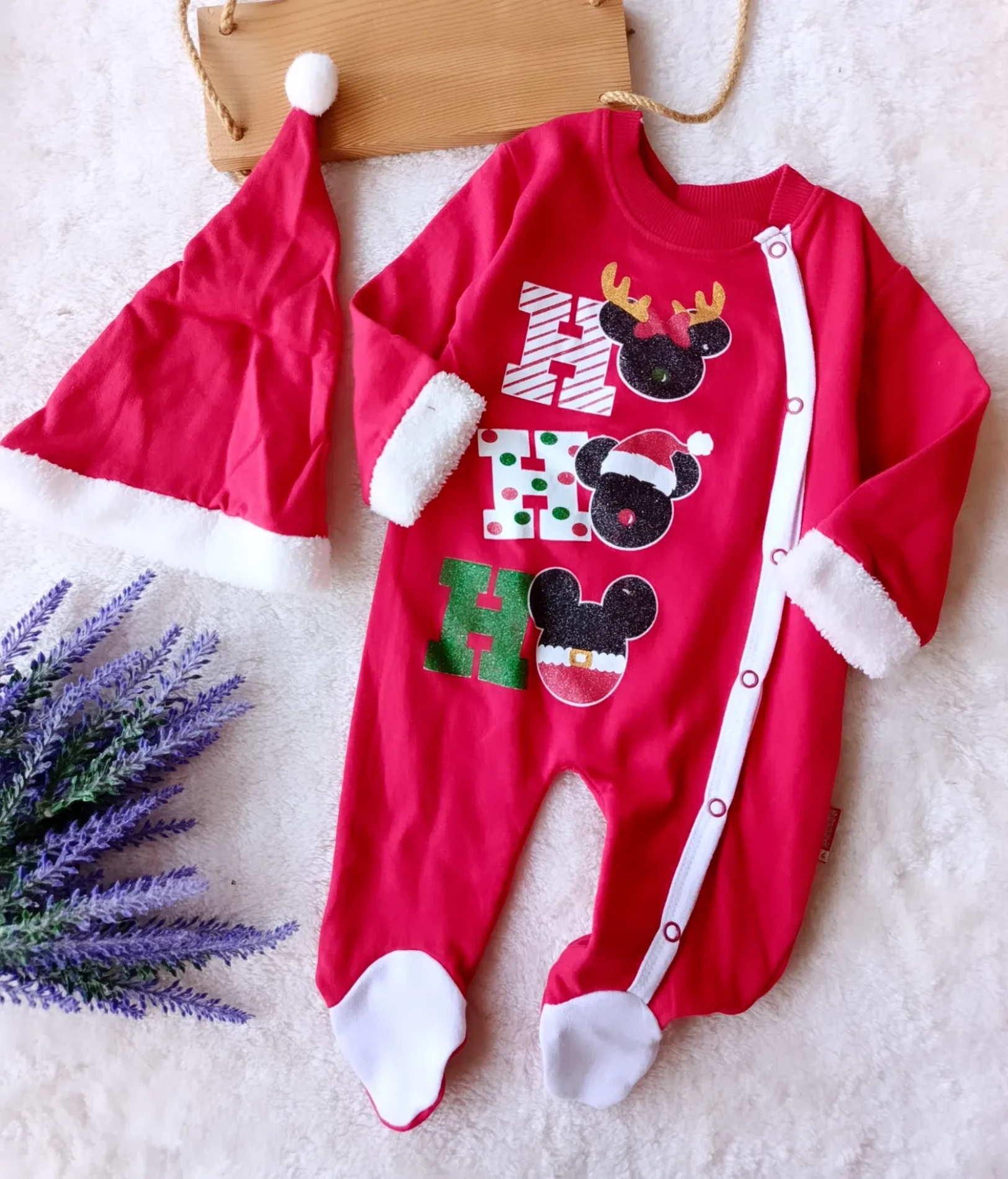 Bebek Tulum Noel Mickey Baskılı Patikli Şapka Hediyeli 6-12 Ay