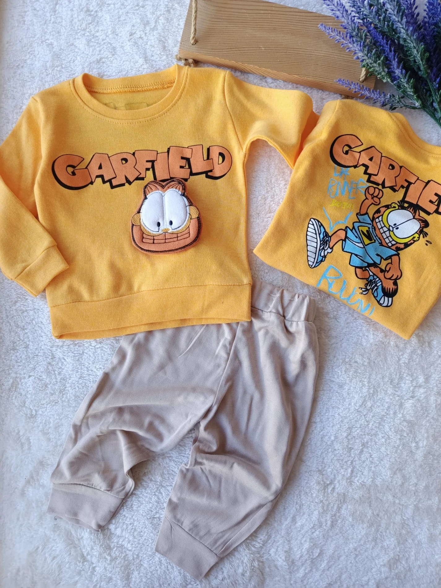 Bebek Takım Garfield Detaylı Sırt Baskılı Sarı 1-4 Yaş