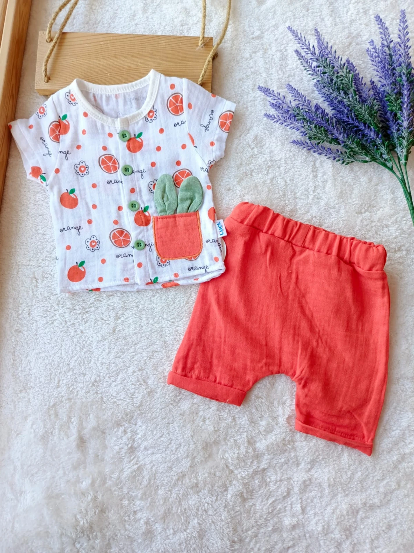 Bebek Takım Portakal Baskılı Müslin Kumaş 3-6 Ay 