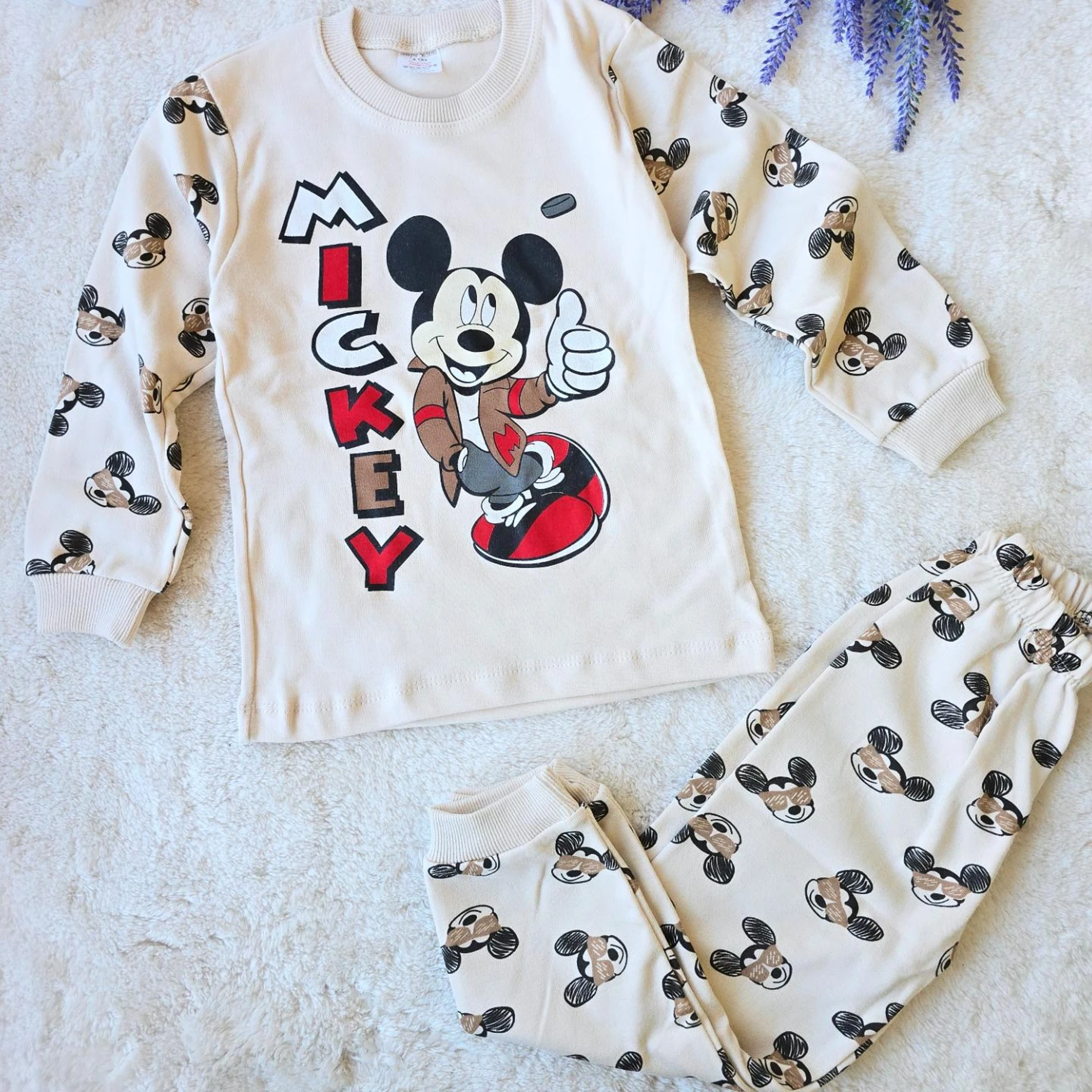 Çocuk Takım Pijama Mickey Baskılı 4-6 Yaş Bej