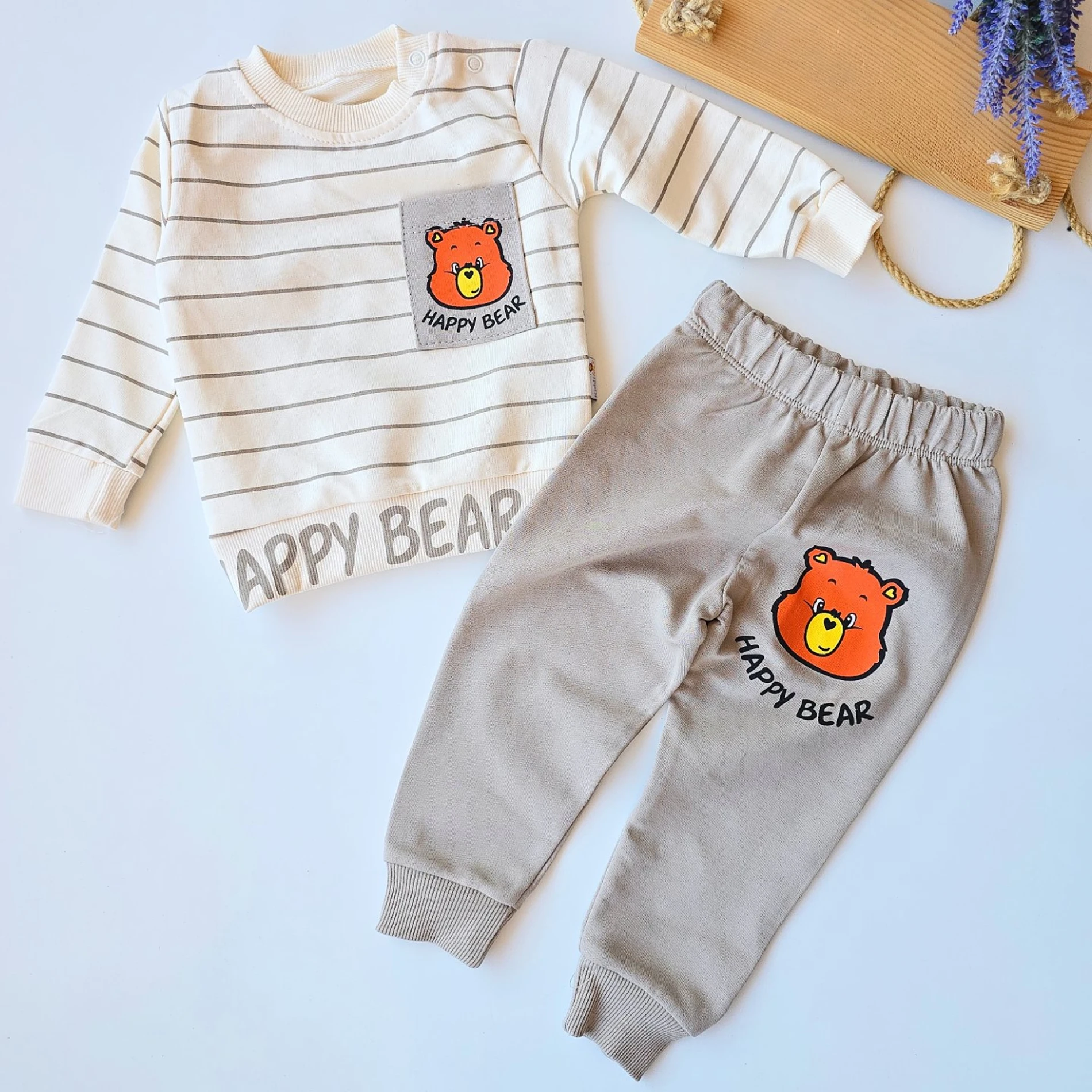 Bebek takım happy bear baskılı 6-24 ay