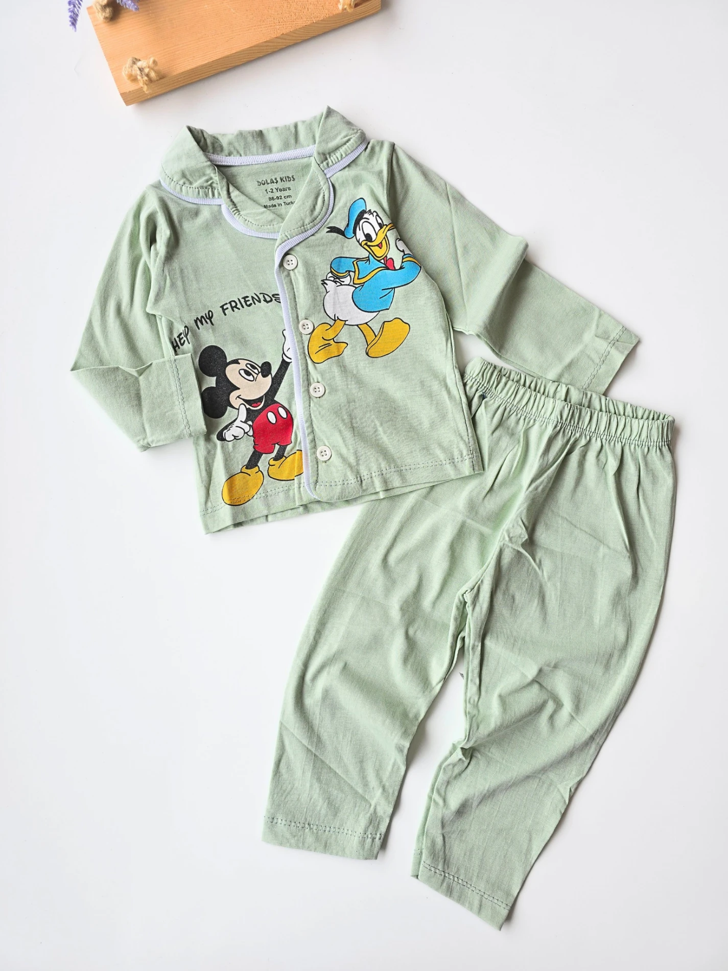 Bebek takım mickey friends baskılı yakalı düğmeli pijama 1-4 yaş yeşil