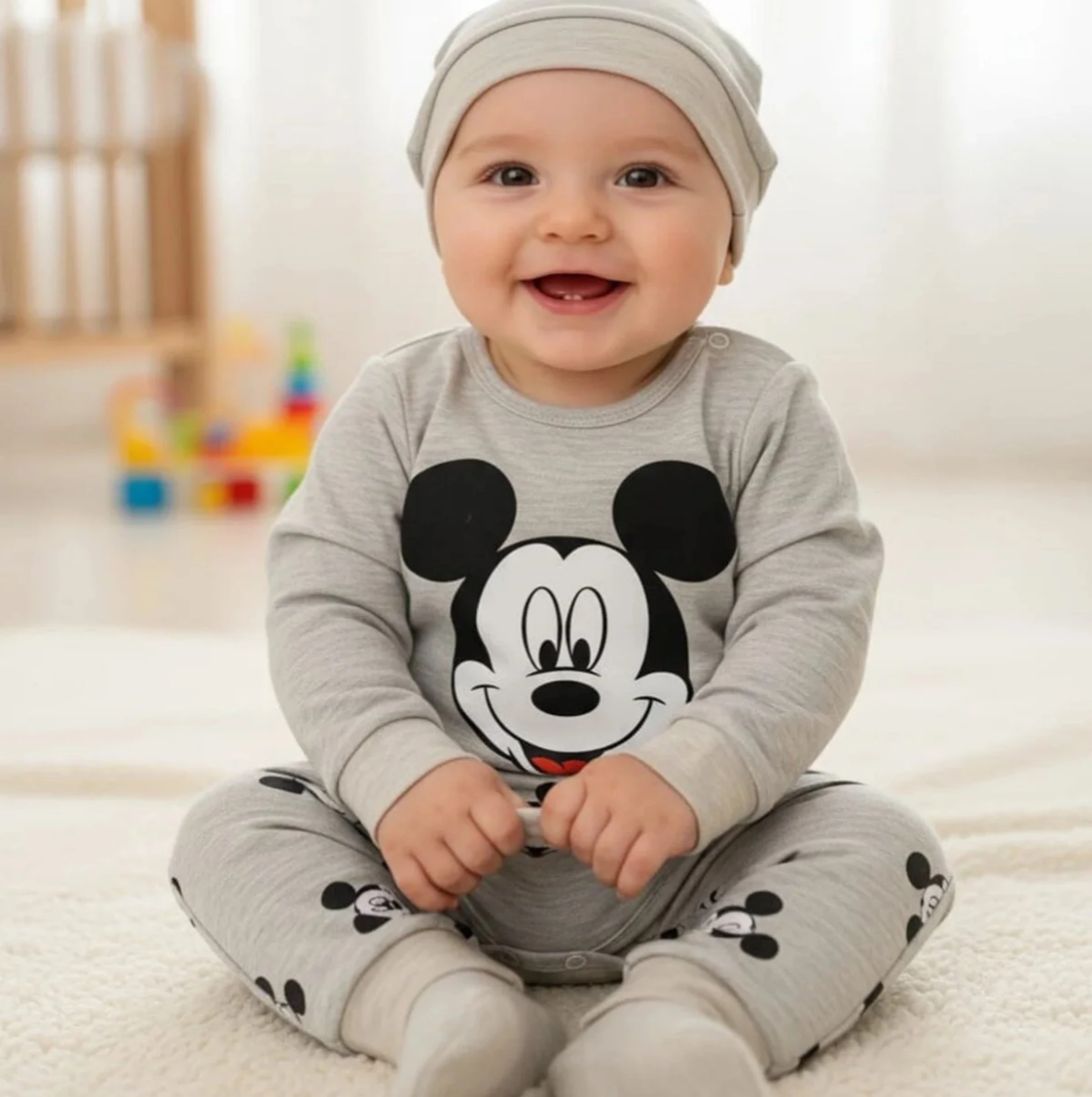 Bebek Takım  Mickey Baskılı Şapkalı 