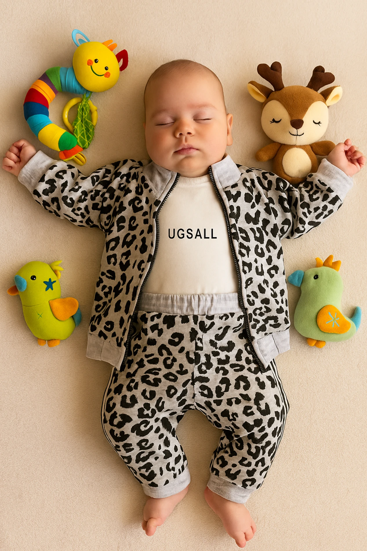 Bebek 3'Lü Leopar Desenli 3 İplik Takım  