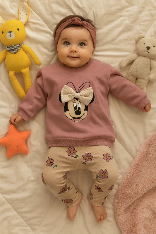 Bebek Minnie Mouse Baskılı Fiyonk Detaylı Takım 