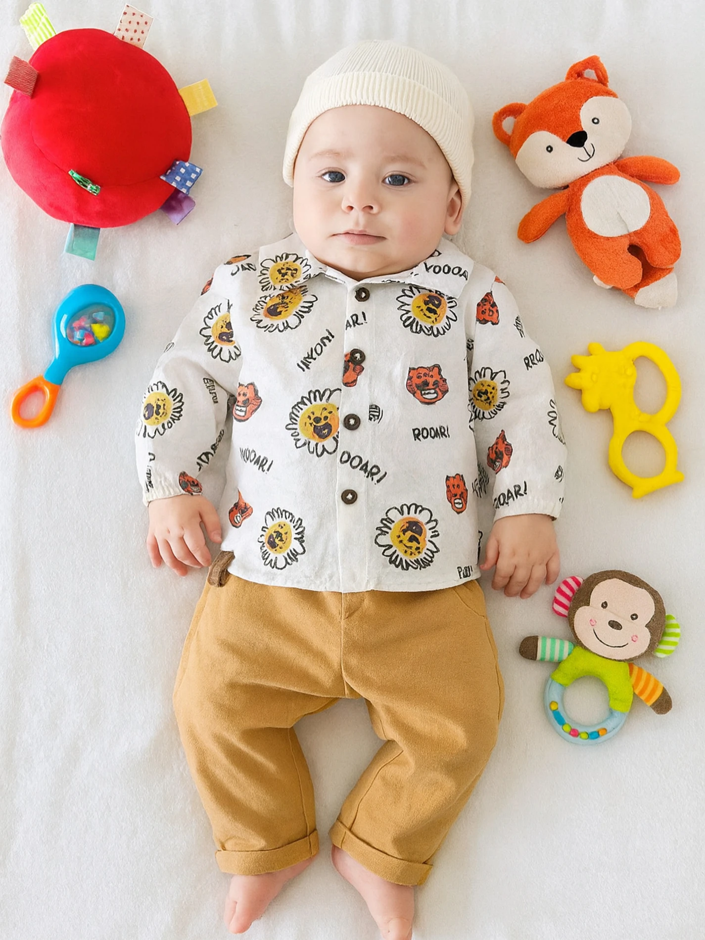 Bebek takım müslin gömlekli roar baskılı keten pantolonlu 6-18 ay