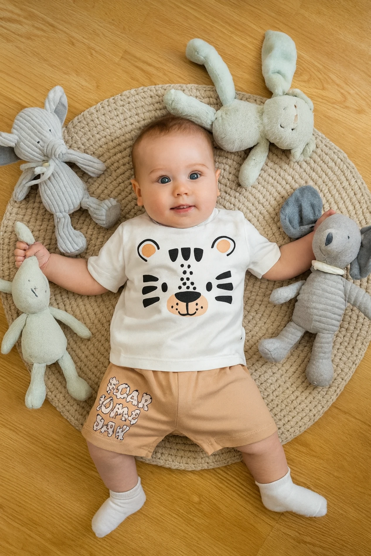 Bebek takım kaplan baskılı zıbınlı 3lü kahverengi 3-12 ay