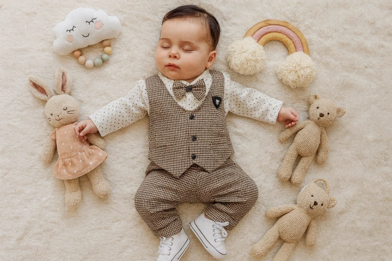 Bebek Takım kazayağı desenli yelekli papyonlu 4lü 0-12 ay kahve