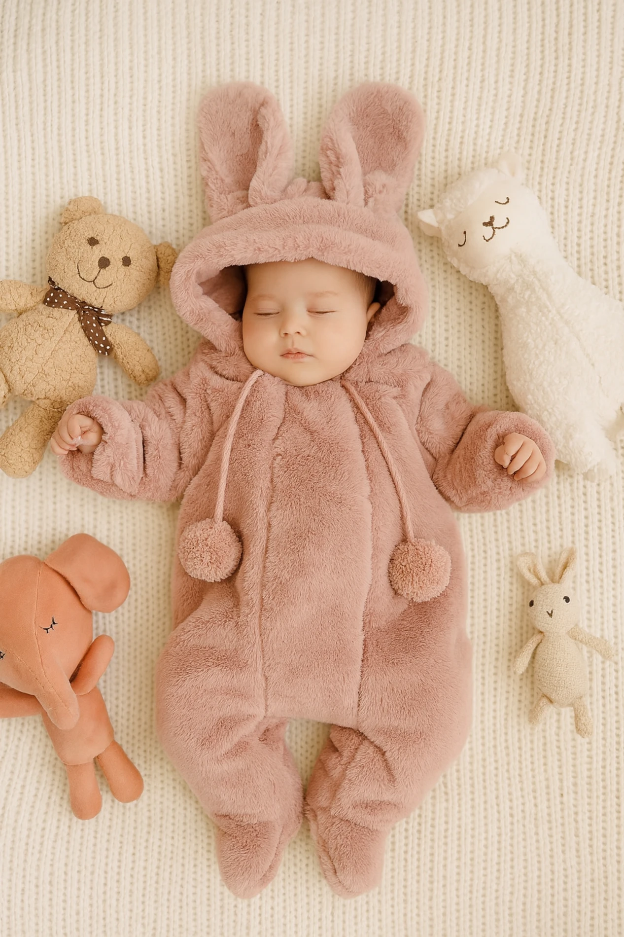 Bebek Tulum Peluş Kapşonlu Ponpon Detaylı Fermuarlı