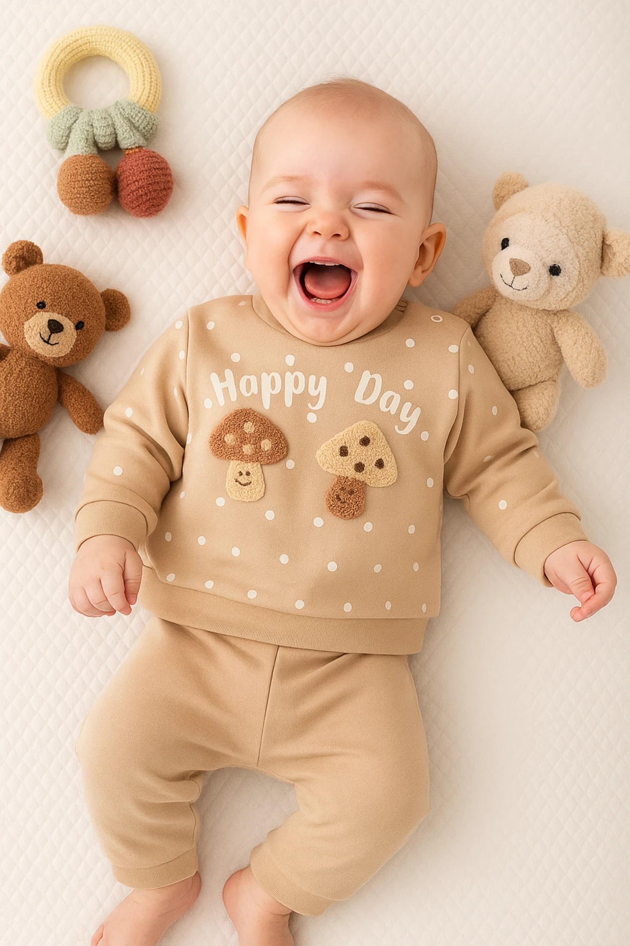 Bebek Happy Day Baskılı Süzene Mantar İşlemeli Takım