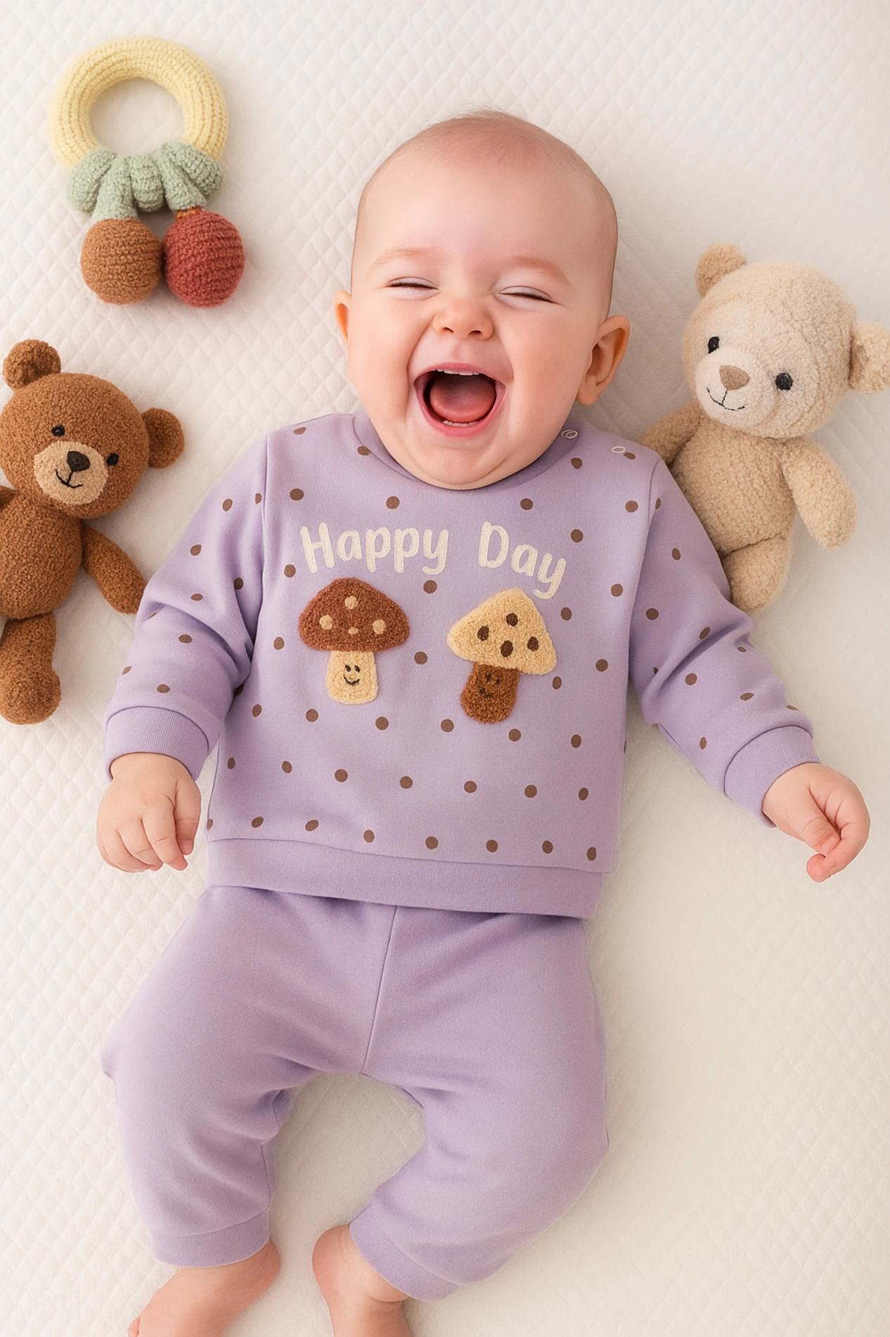 Bebek Happy Day Baskılı Süzene Mantar İşlemeli Takım