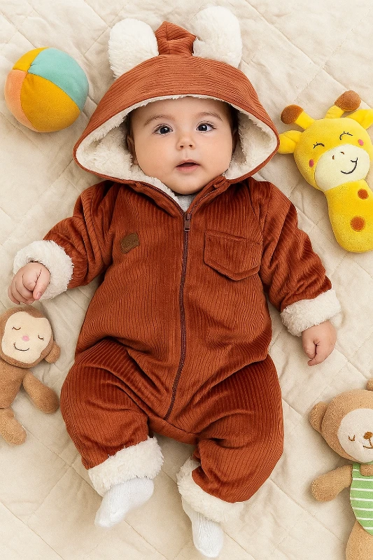 Bebek İçi Wellsoft Dışı Kadife Kapşonlu Tulum 