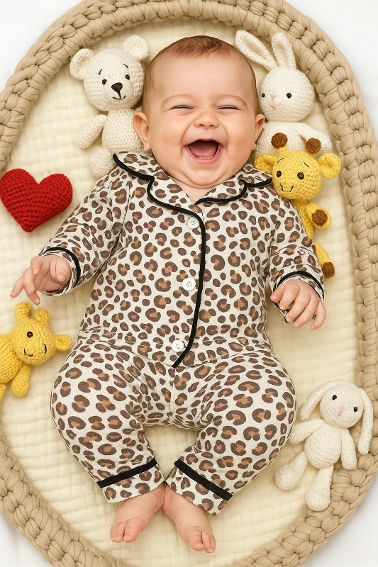 Bebek Leopar Desenli Pamuklu Pijama Takımı