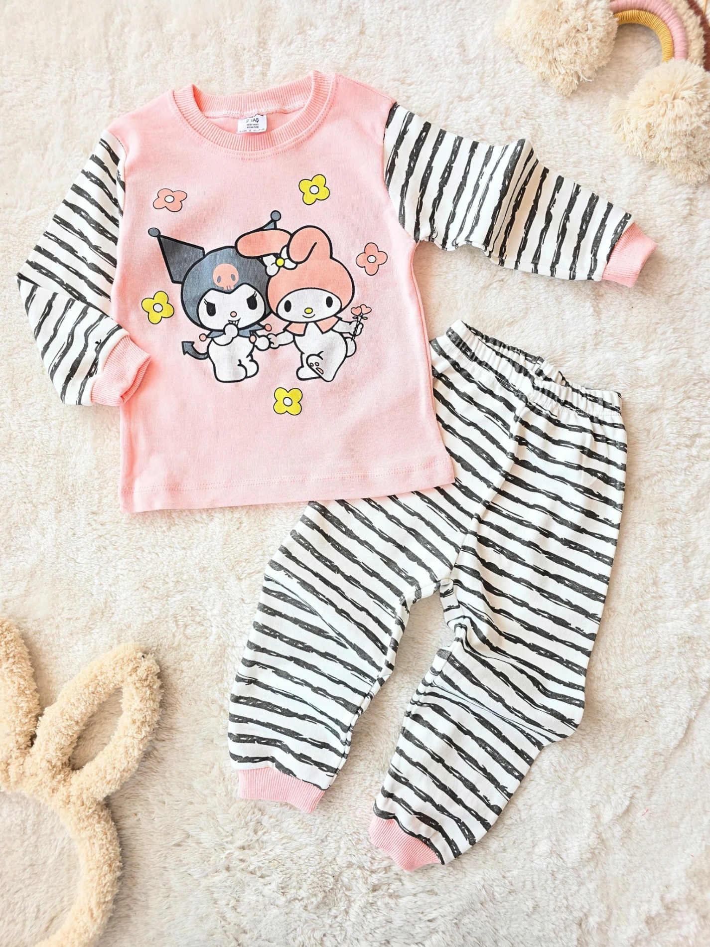 Bebek takım pijama kuromi baskılı 1-3 yaş çizgili pembe