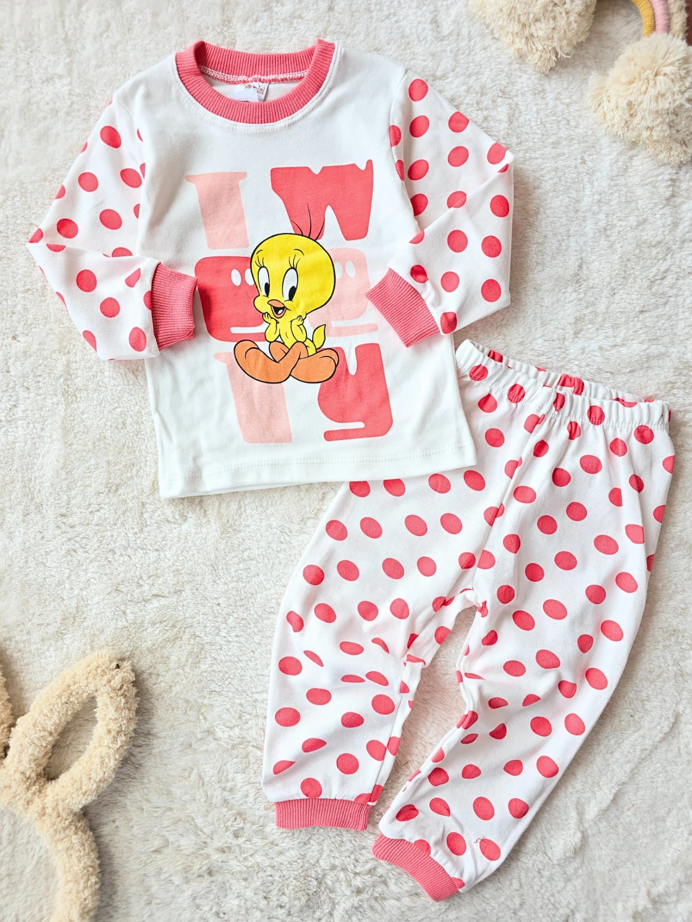 Bebek takım pijama tweety baskılı puantiyeli 1-3 yaş koyu pembe