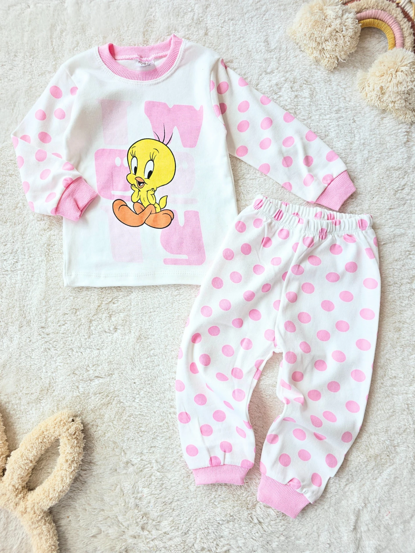 Bebek takım pijama tweety baskılı puantiyeli 1-3 yaş pembe