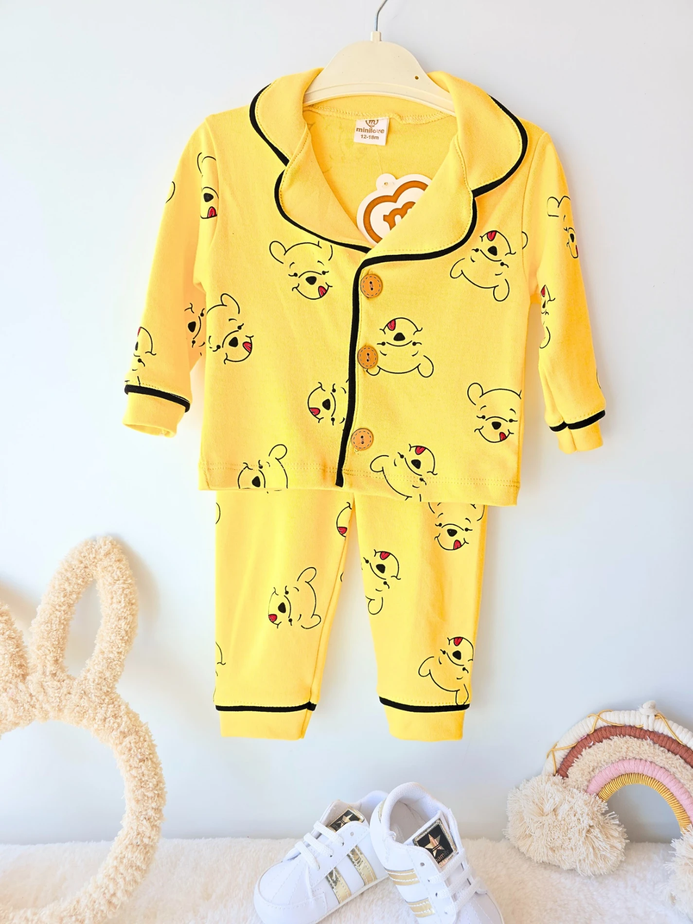 Bebek takım pooh baskılı düğmeli pijama 6-24 ay sarı 