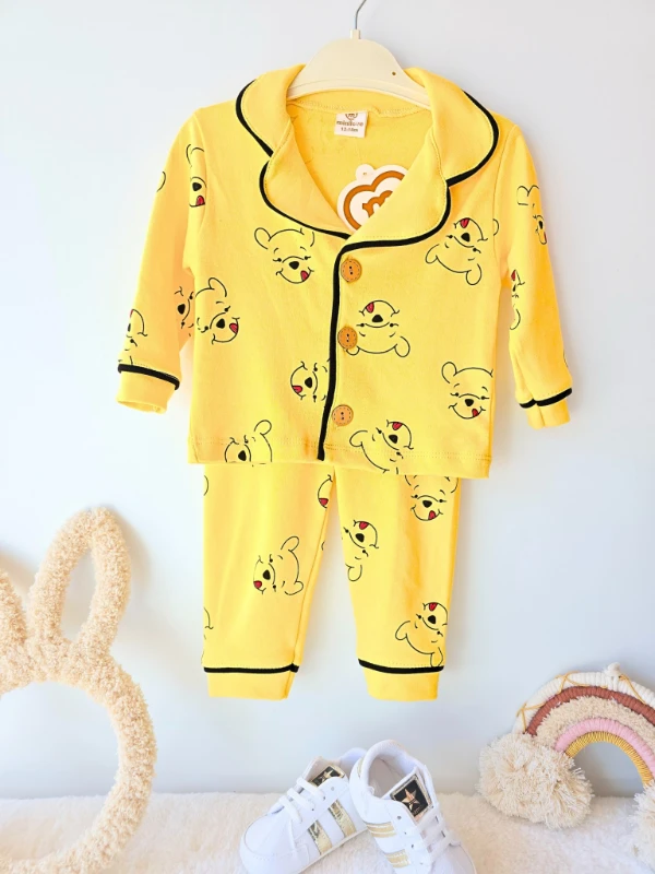 Bebek takım pooh baskılı düğmeli pijama 6-24 ay sarı
