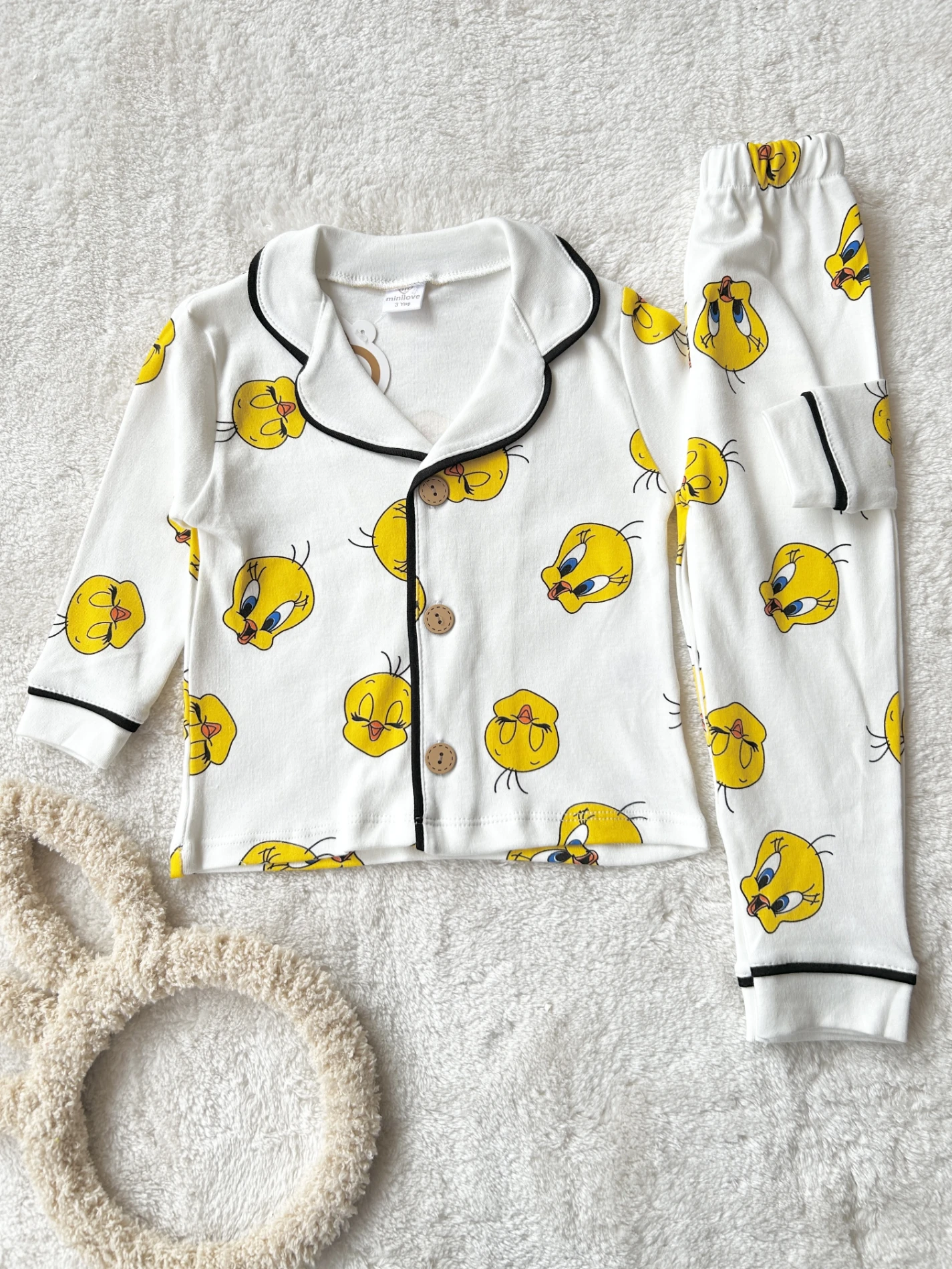 Çocuk Takım tweety baskılı düğmeli pijama 3-6 yaş beyaz